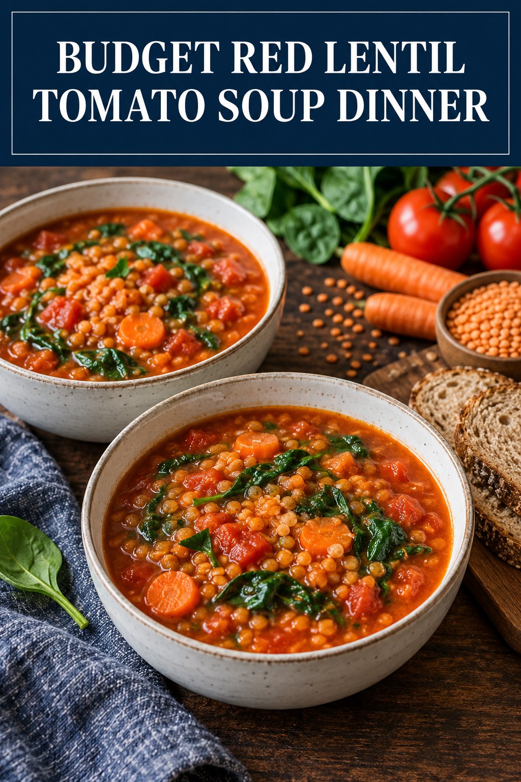 Two servings of budget red lentil tomato soup dinner made with red lentils, tomato, and vegetables.