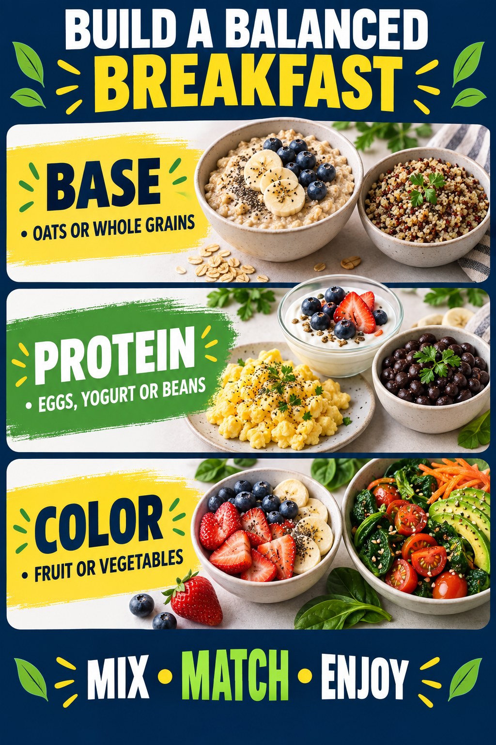 Balanced breakfast infographic showing whole grains, protein foods, fruit, and vegetables.
