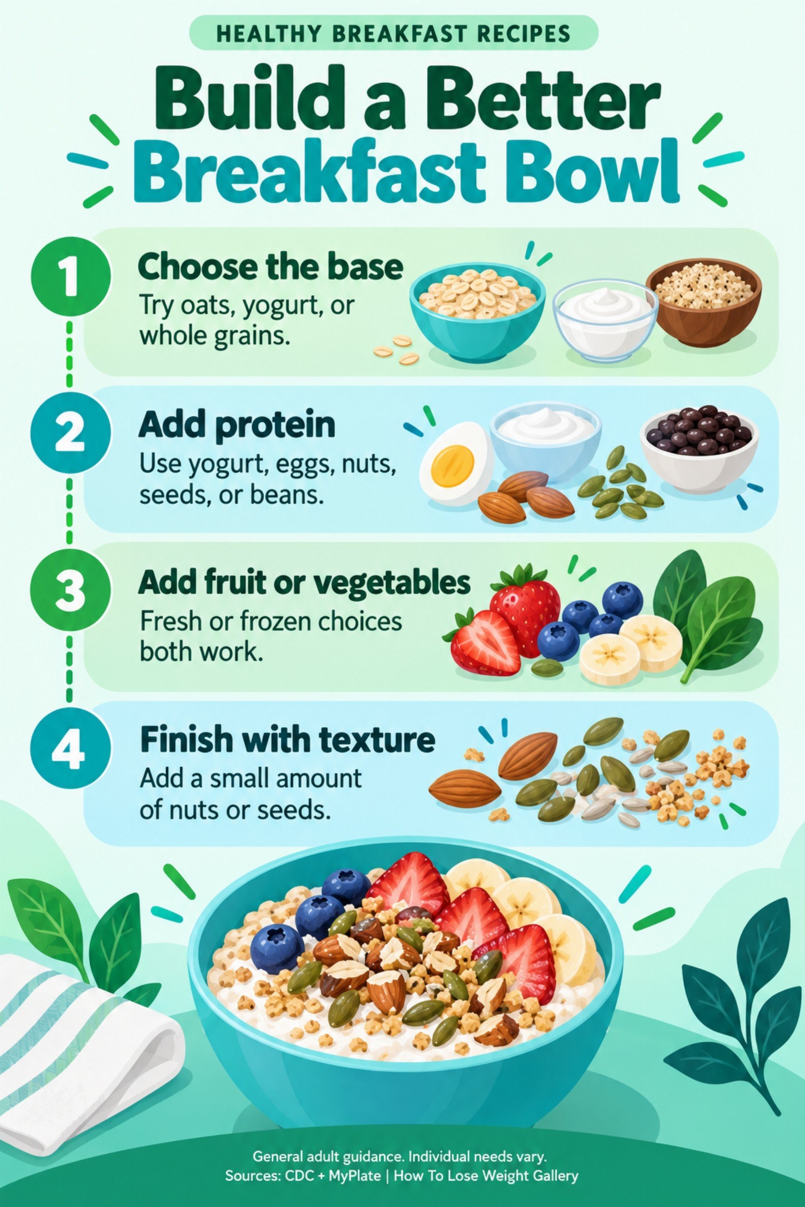 Colorful infographic titled Build a Better Breakfast Bowl with four illustrated tips for Healthy Breakfast Recipes.