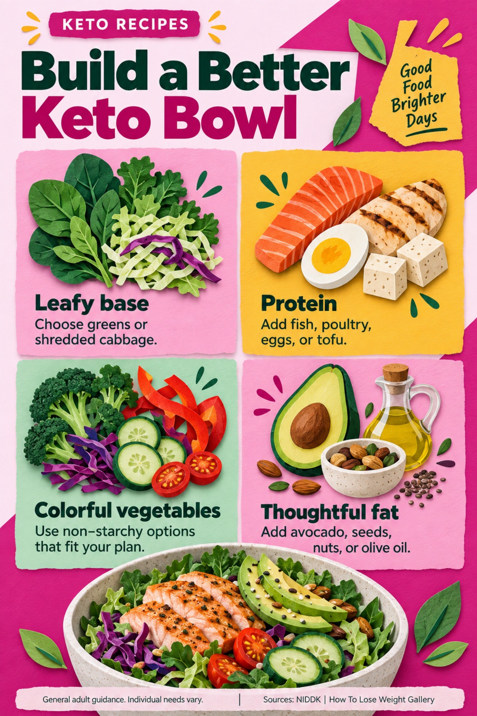 Colorful infographic titled Build a Better Keto Bowl with four illustrated tips for Keto Recipes.