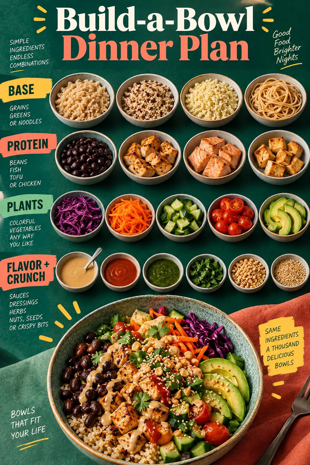 Portrait infographic with bowls of grains or noodles, beans fish tofu or chicken, colorful vegetables, sauces, herbs, nuts and seeds for dinner assembly.