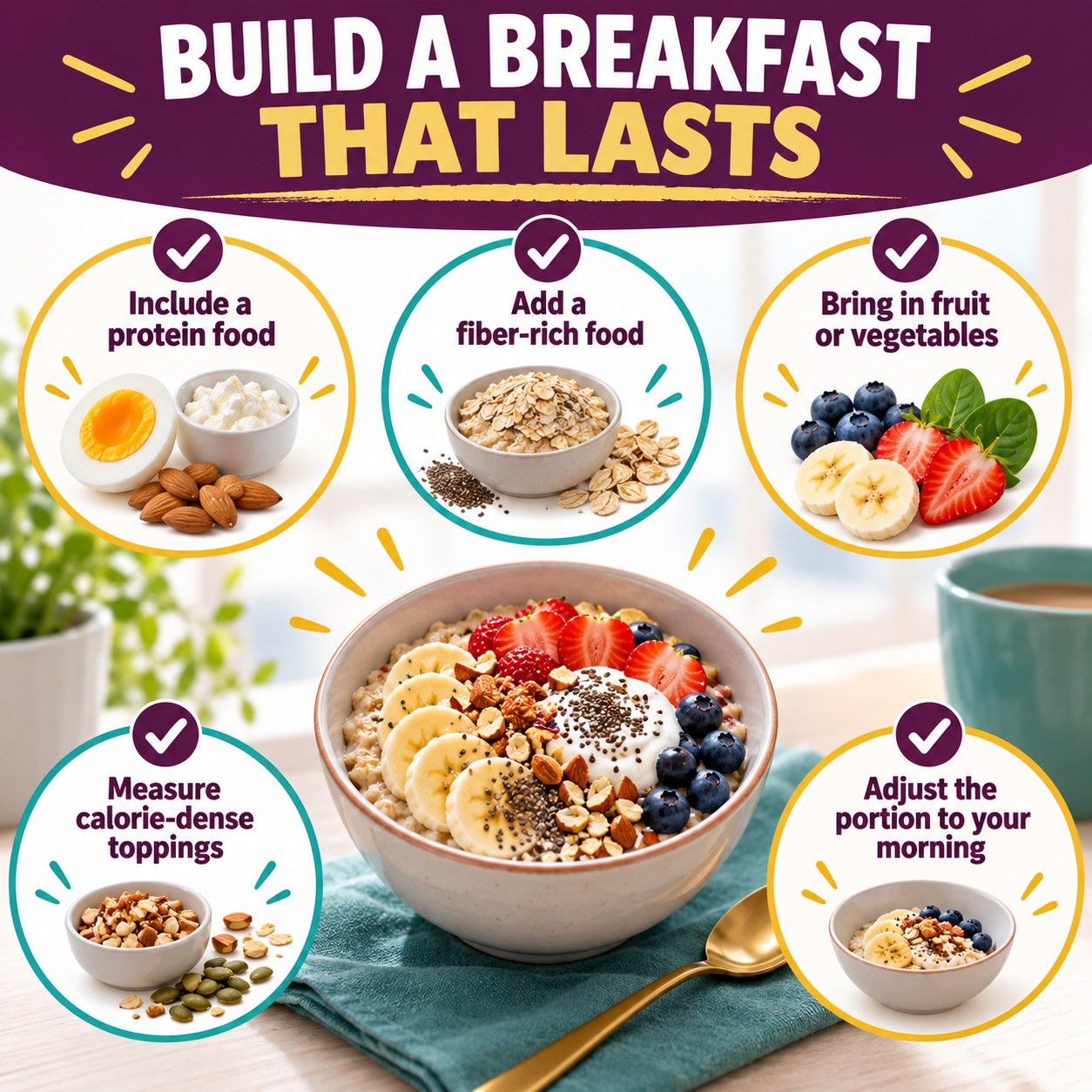 Breakfast infographic showing protein, fiber-rich food, fruit or vegetables, measured toppings, and portion adjustment for the morning