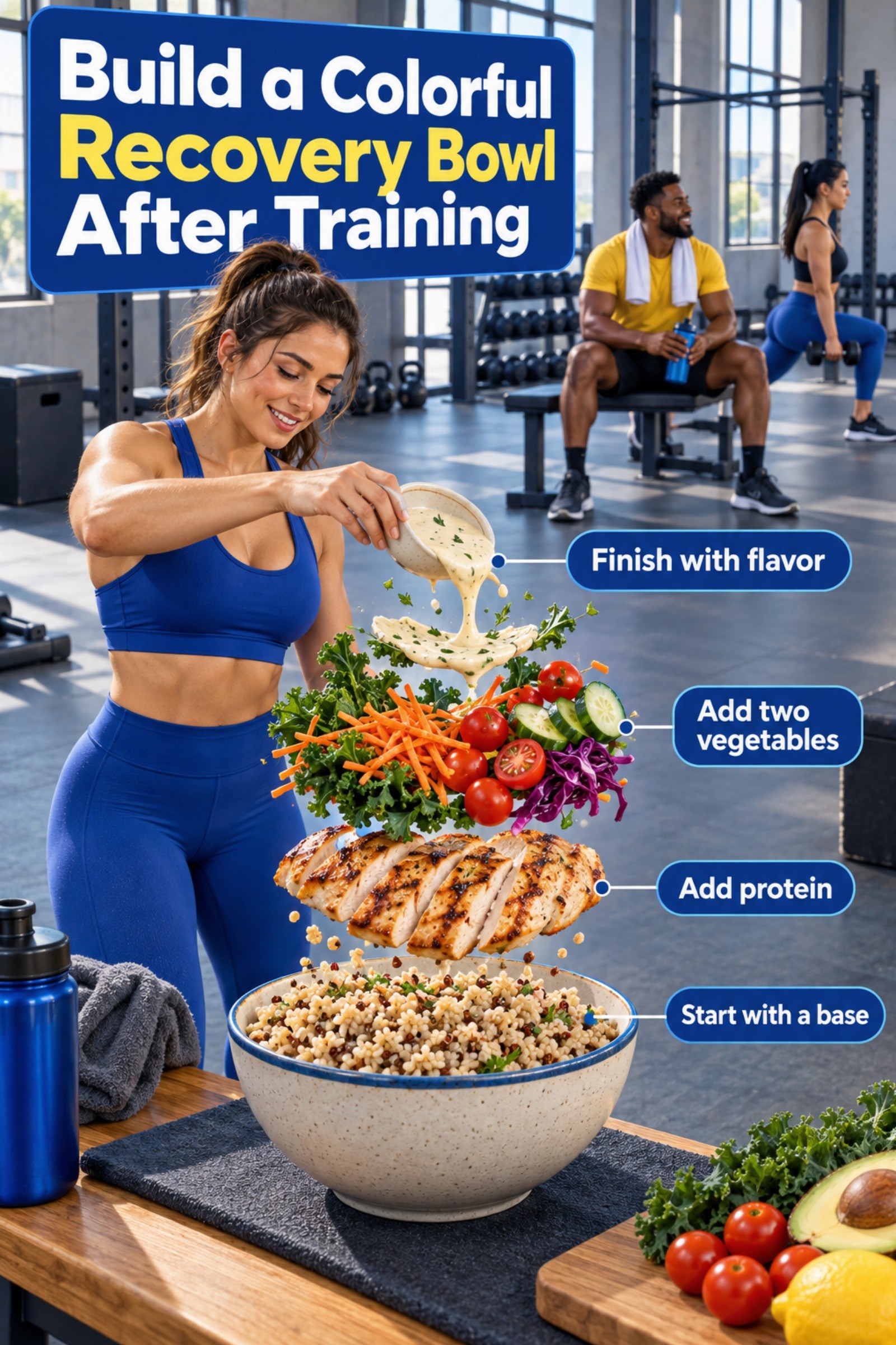 Vibrant exploded bowl diagram showing base, protein, vegetables, and sauce. The image supports Build a Colorful Recovery Bowl After Training.