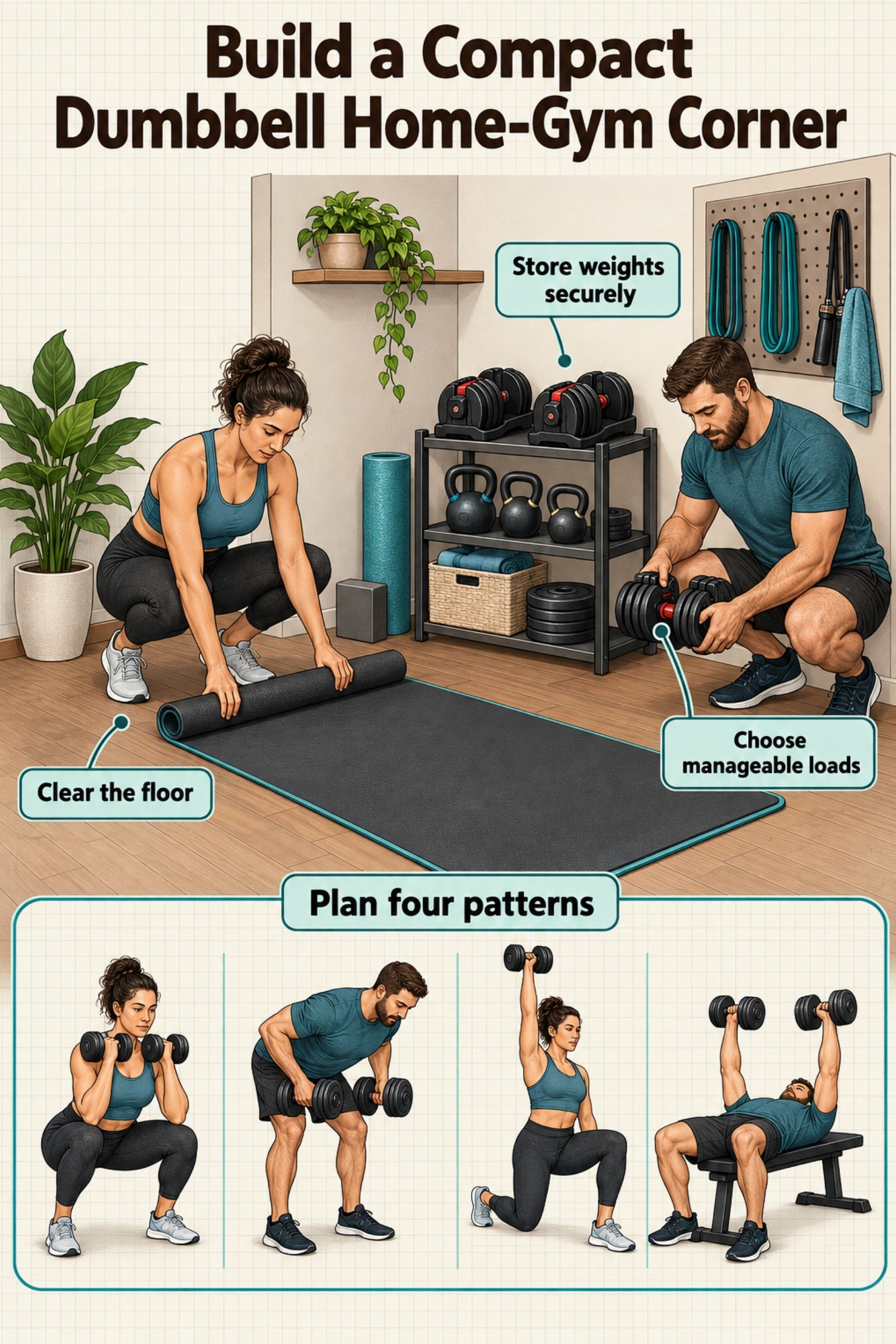Isometric room corner with mat, adjustable dumbbells, clear floor, and storage. The image supports Build a Compact Dumbbell Home-Gym Corner.
