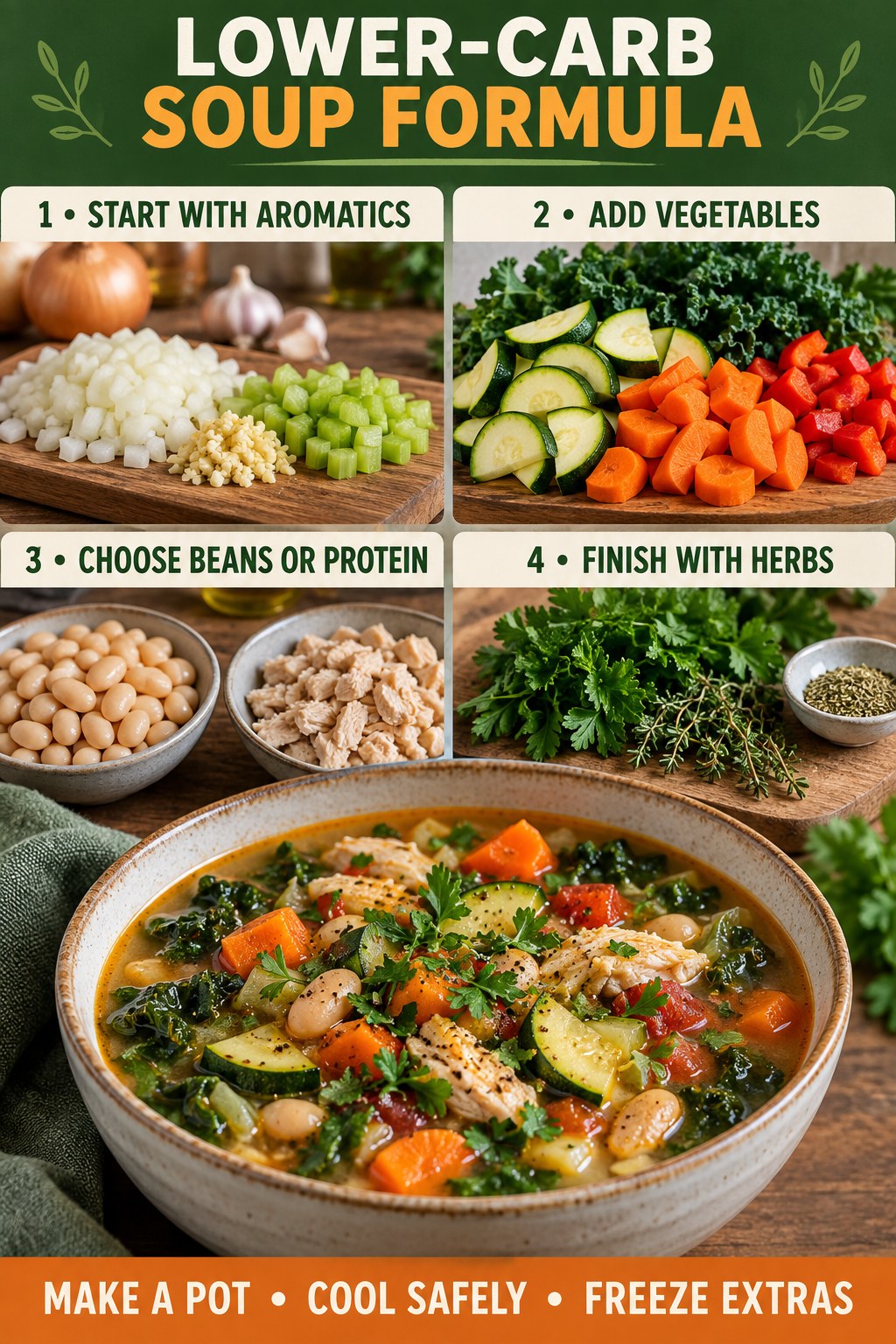 Four-step lower-carb soup formula with aromatics, vegetables, beans or protein, and herbs.