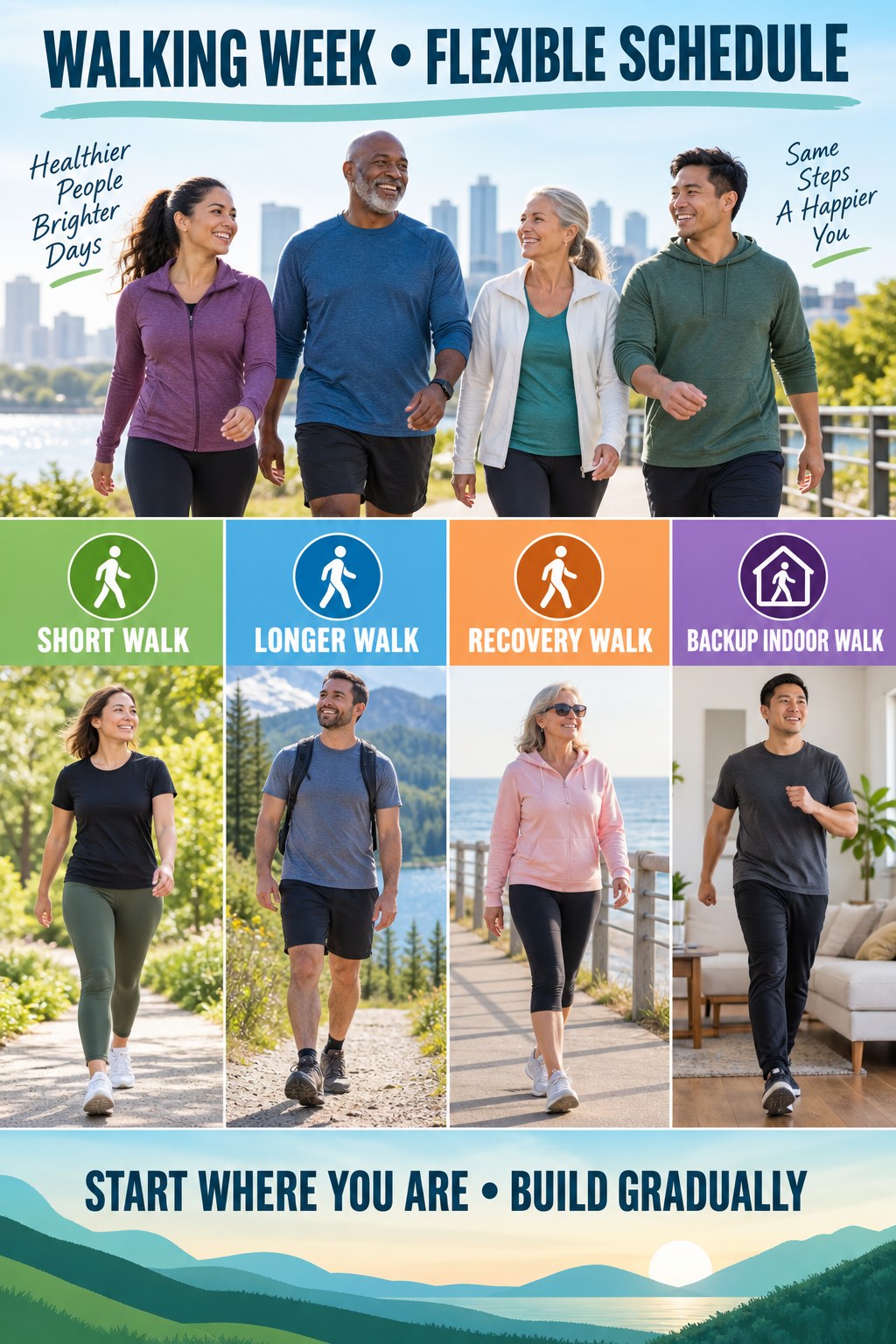 Portrait exercise infographic showing short, longer, recovery, and indoor walks.