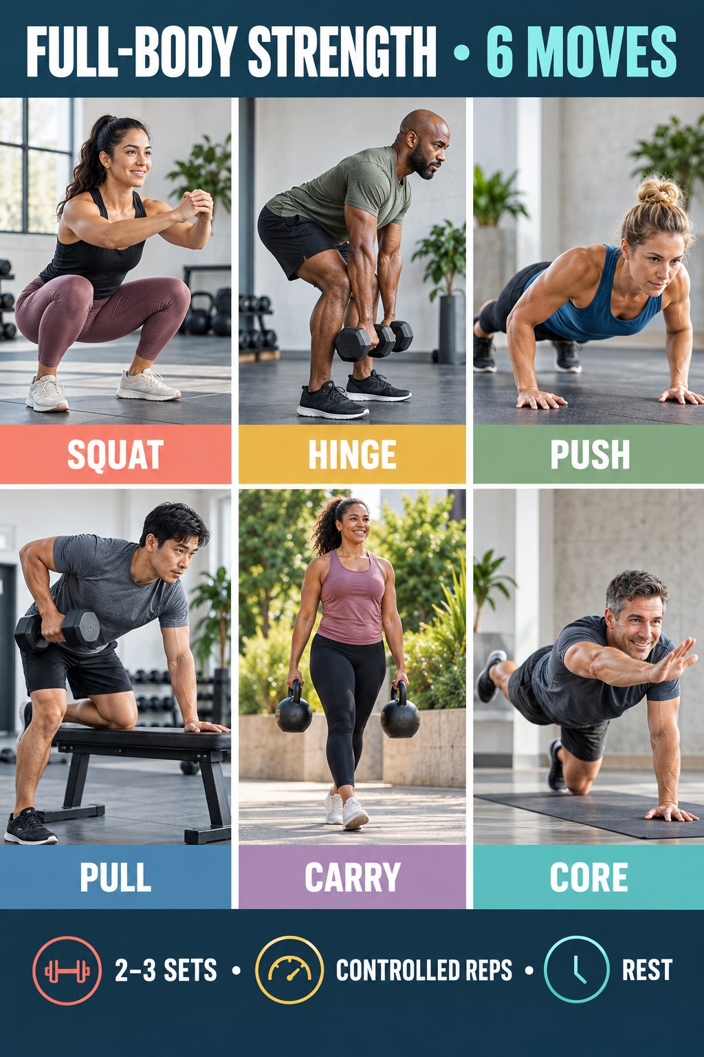 Portrait exercise infographic showing squat, hinge, push, pull, carry, and core movements.