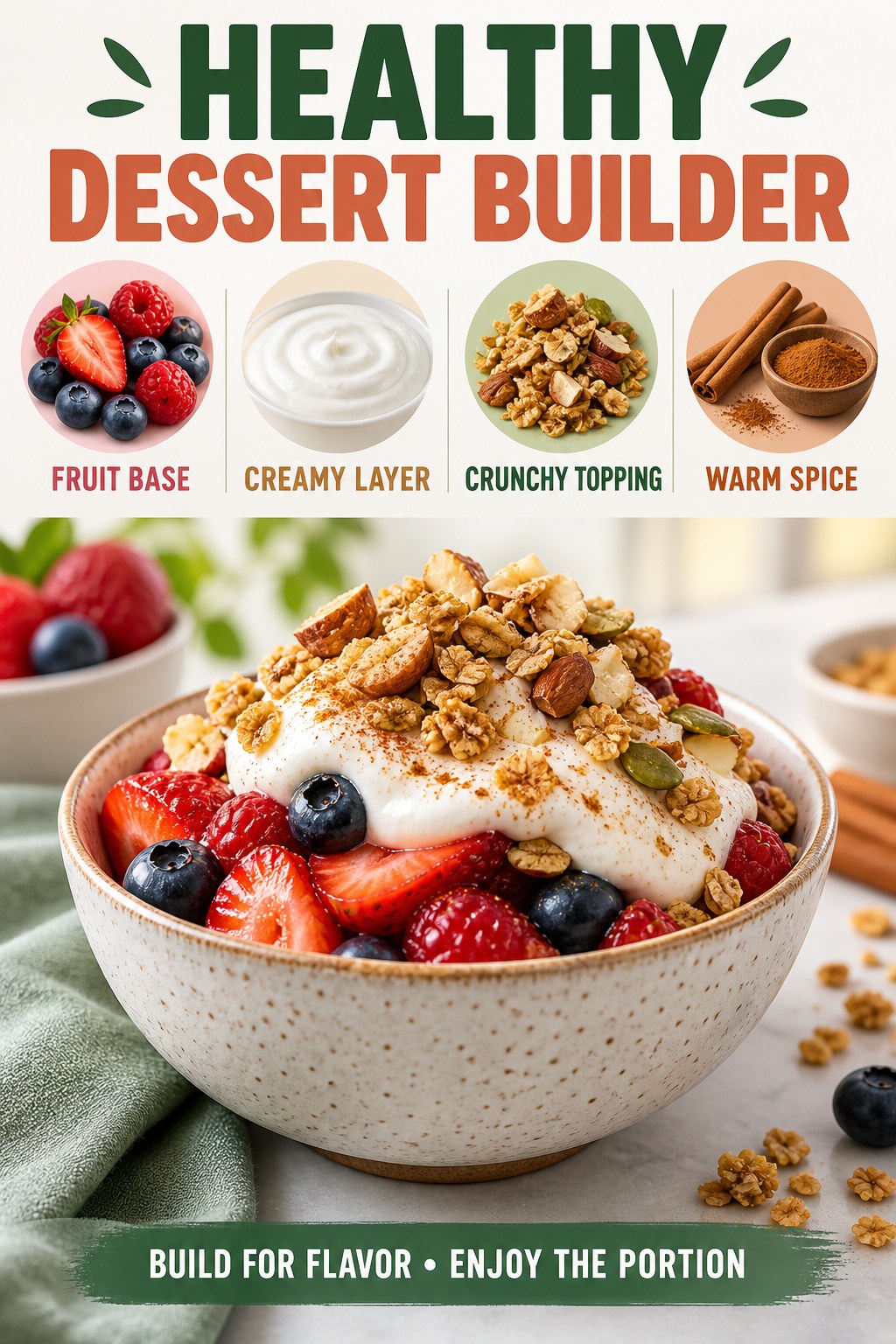 Portrait infographic featuring fruit, a creamy layer, a crunchy topping, and warm spice.