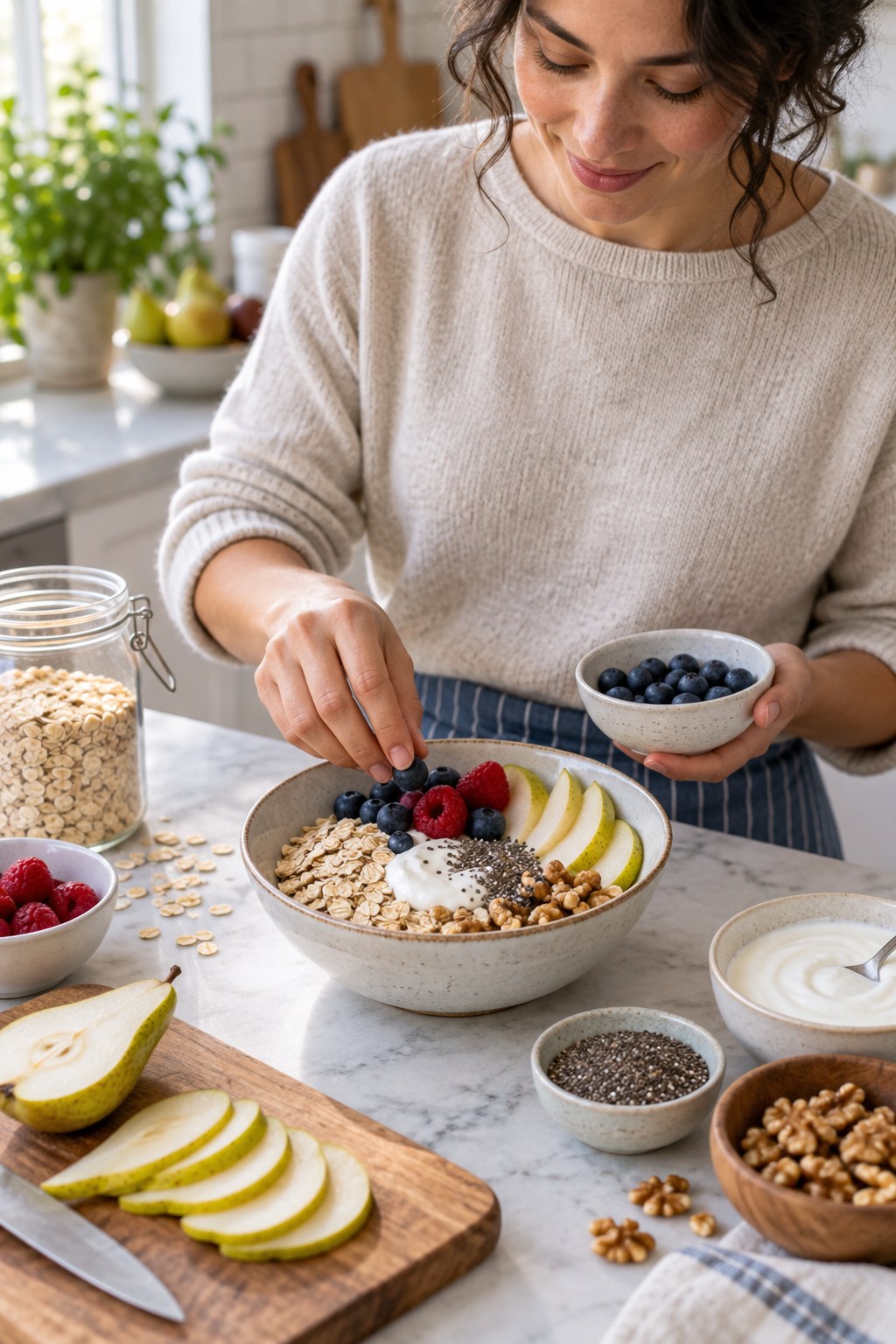 Adult topping an oat and yogurt bowl with pear, berries, chia seeds, and walnuts in a bright kitchen.