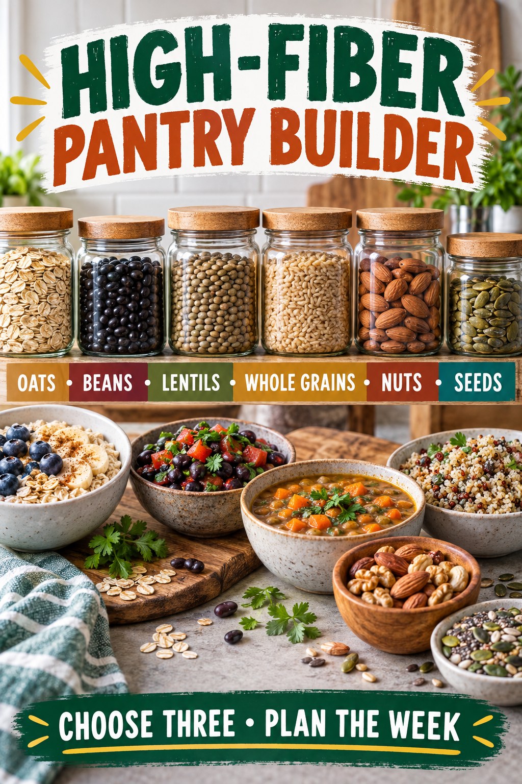 High-fiber pantry builder with jars of oats, beans, lentils, whole grains, nuts, and seeds.