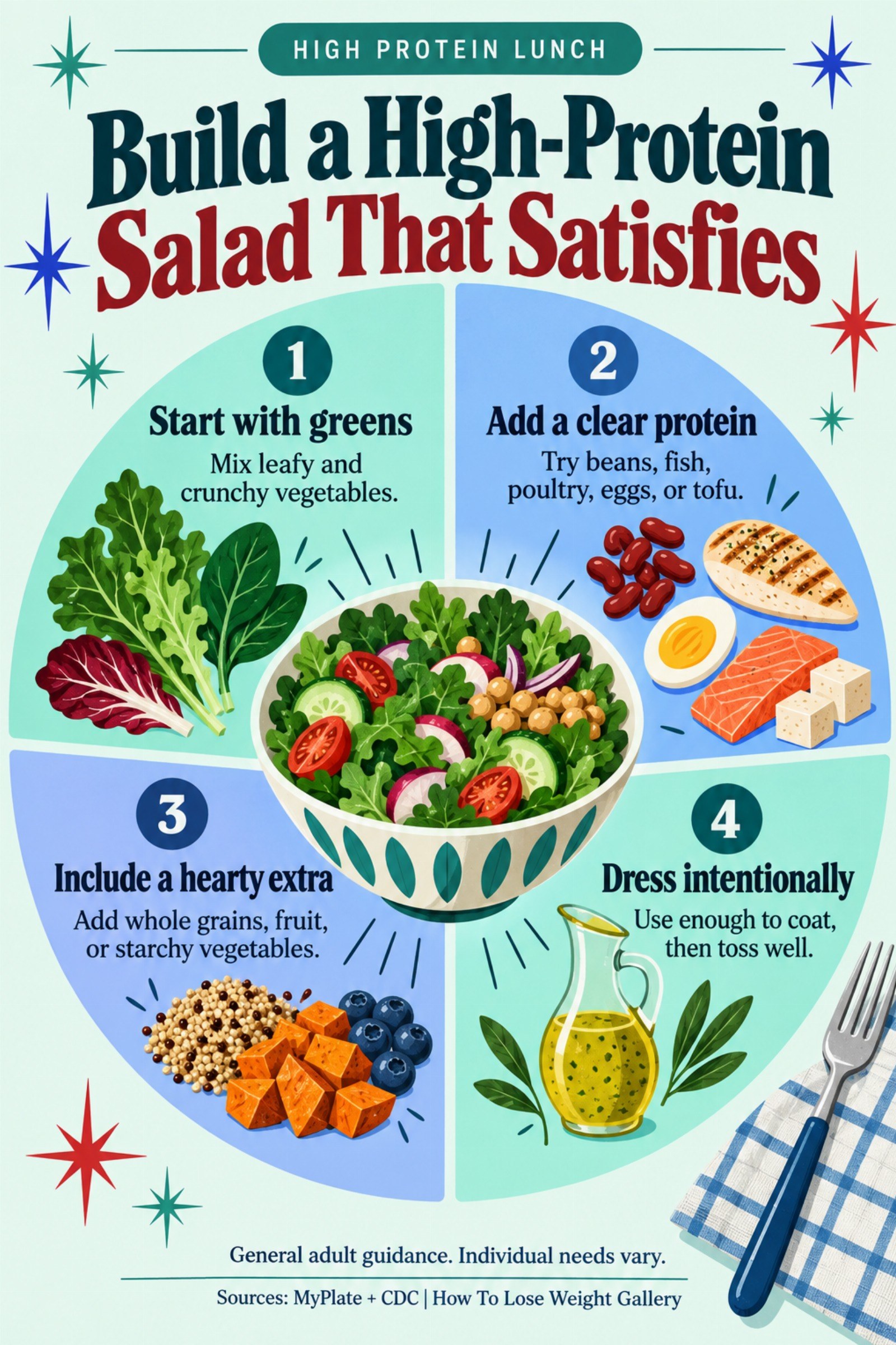 Colorful infographic titled Build a High-Protein Salad That Satisfies with four illustrated tips for High Protein Lunch.
