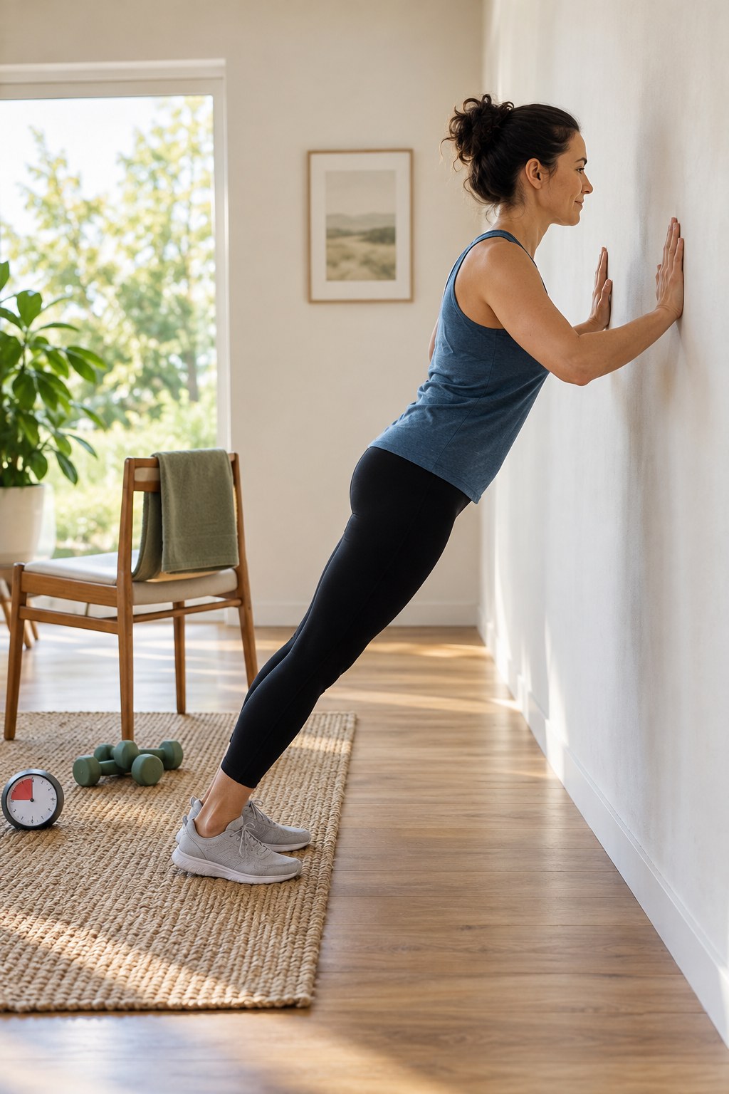 Adult performing a wall push-up near a sturdy chair, light dumbbells, and timer in a clear home space.