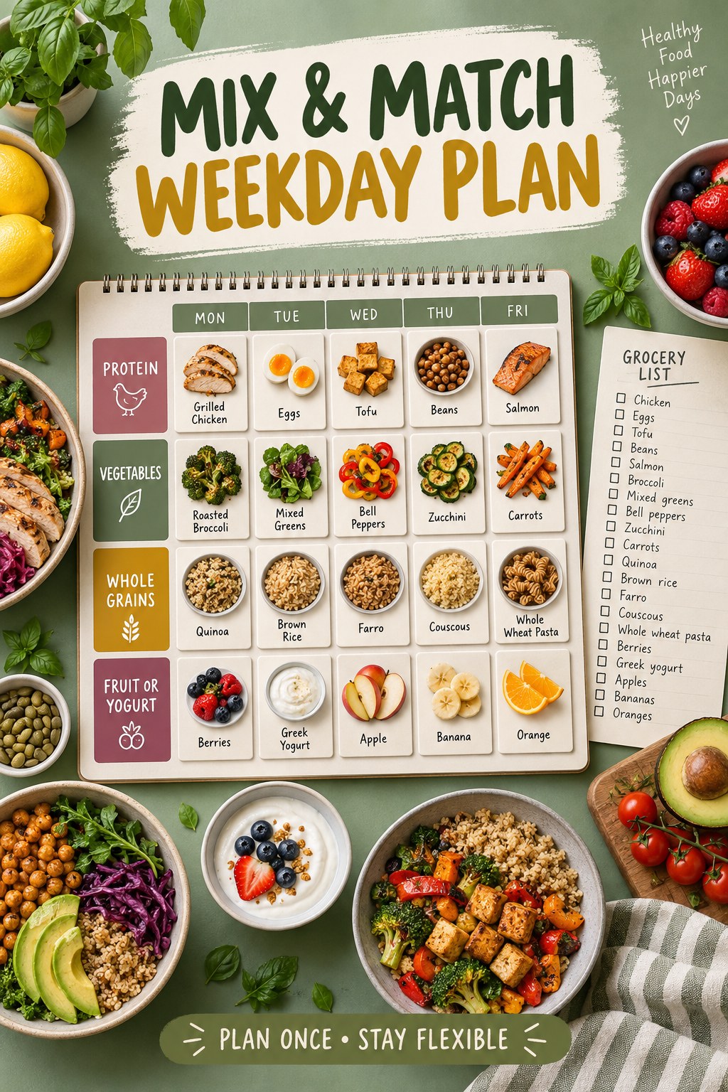Overhead weekday meal planner with protein, vegetable, whole-grain, and fruit or yogurt tiles on a sage kitchen table.