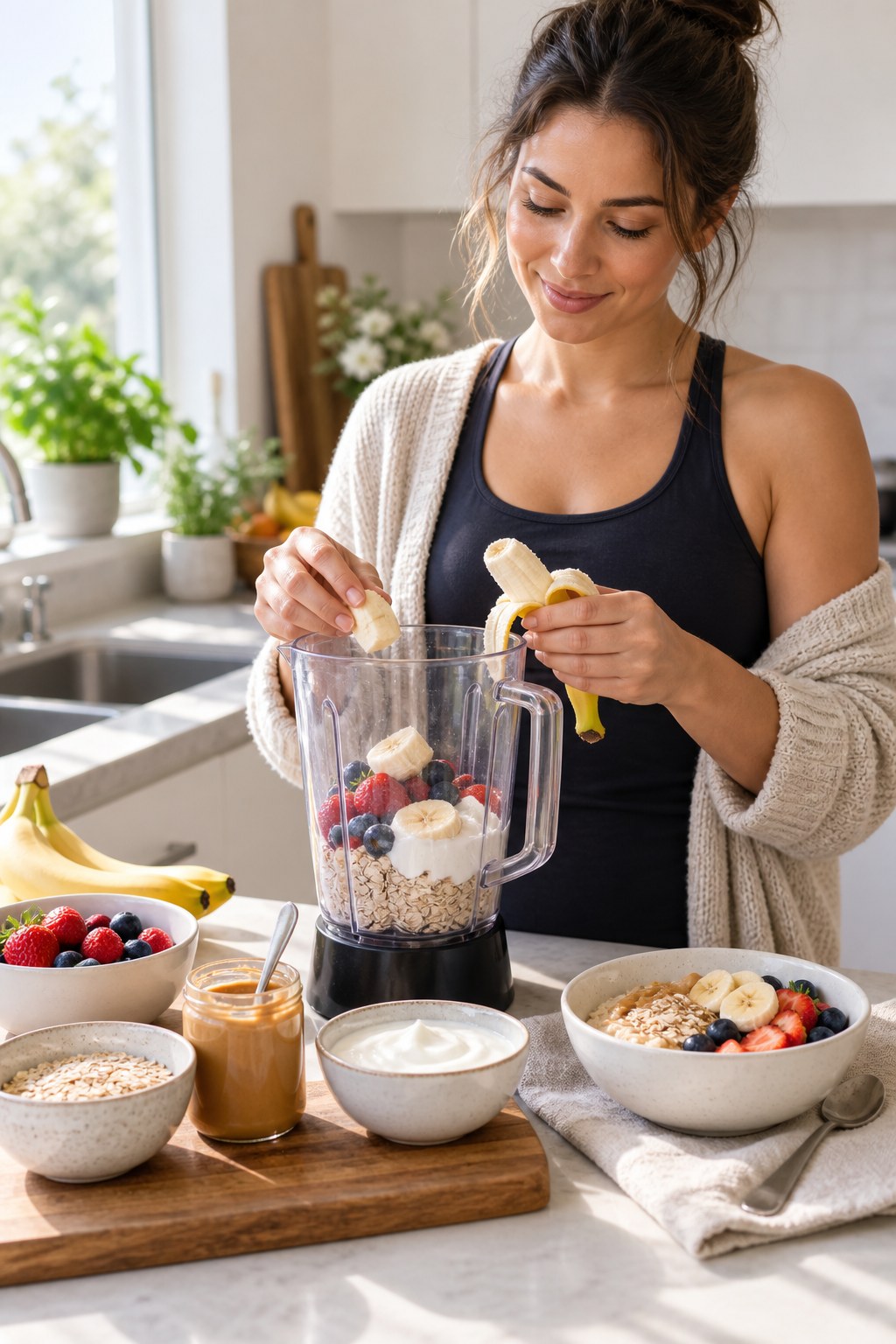 Adult adding banana to a blender with berries, yogurt, oats, and peanut butter beside a breakfast bowl.