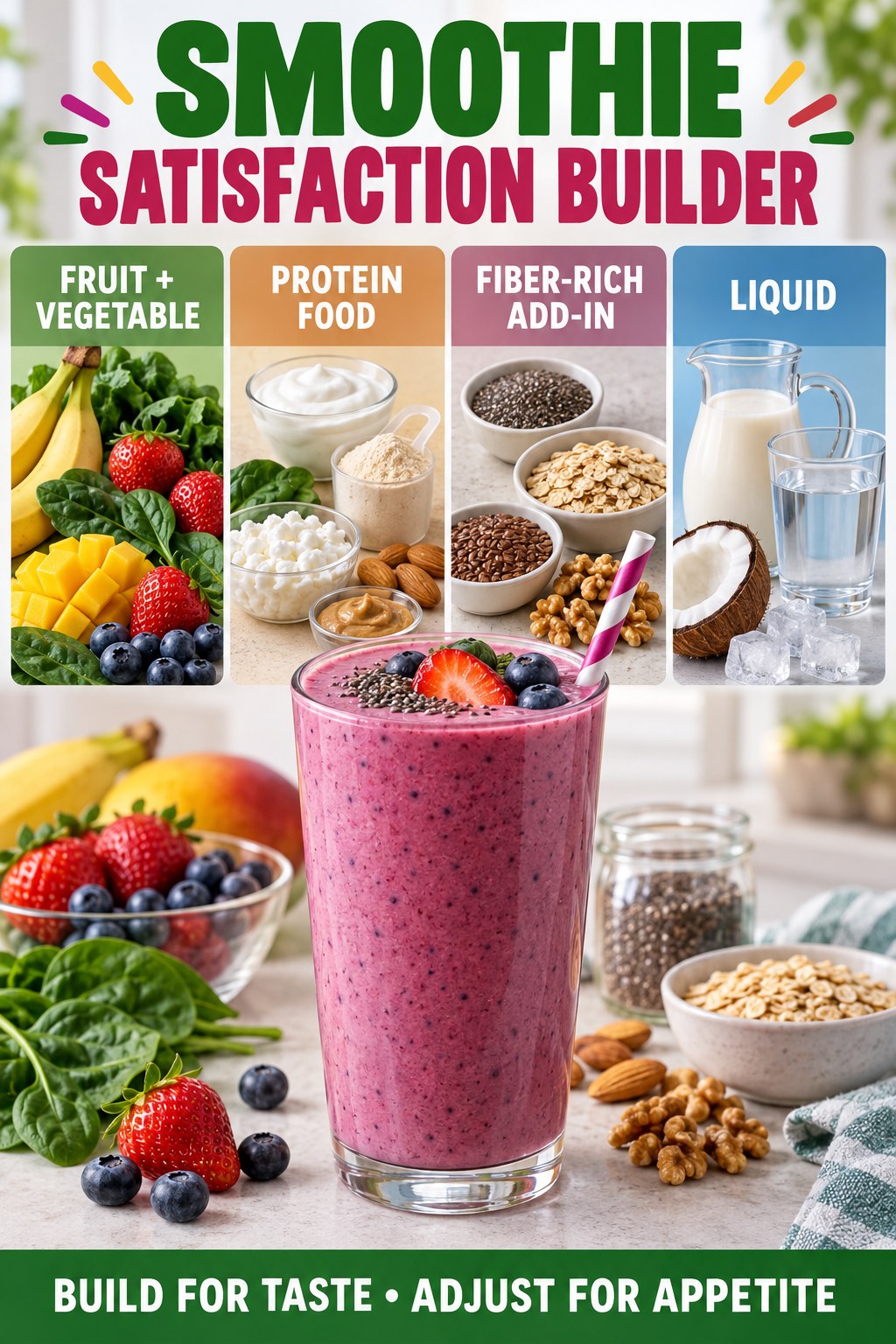 Four-part smoothie builder with produce, protein foods, fiber-rich additions, and liquid.