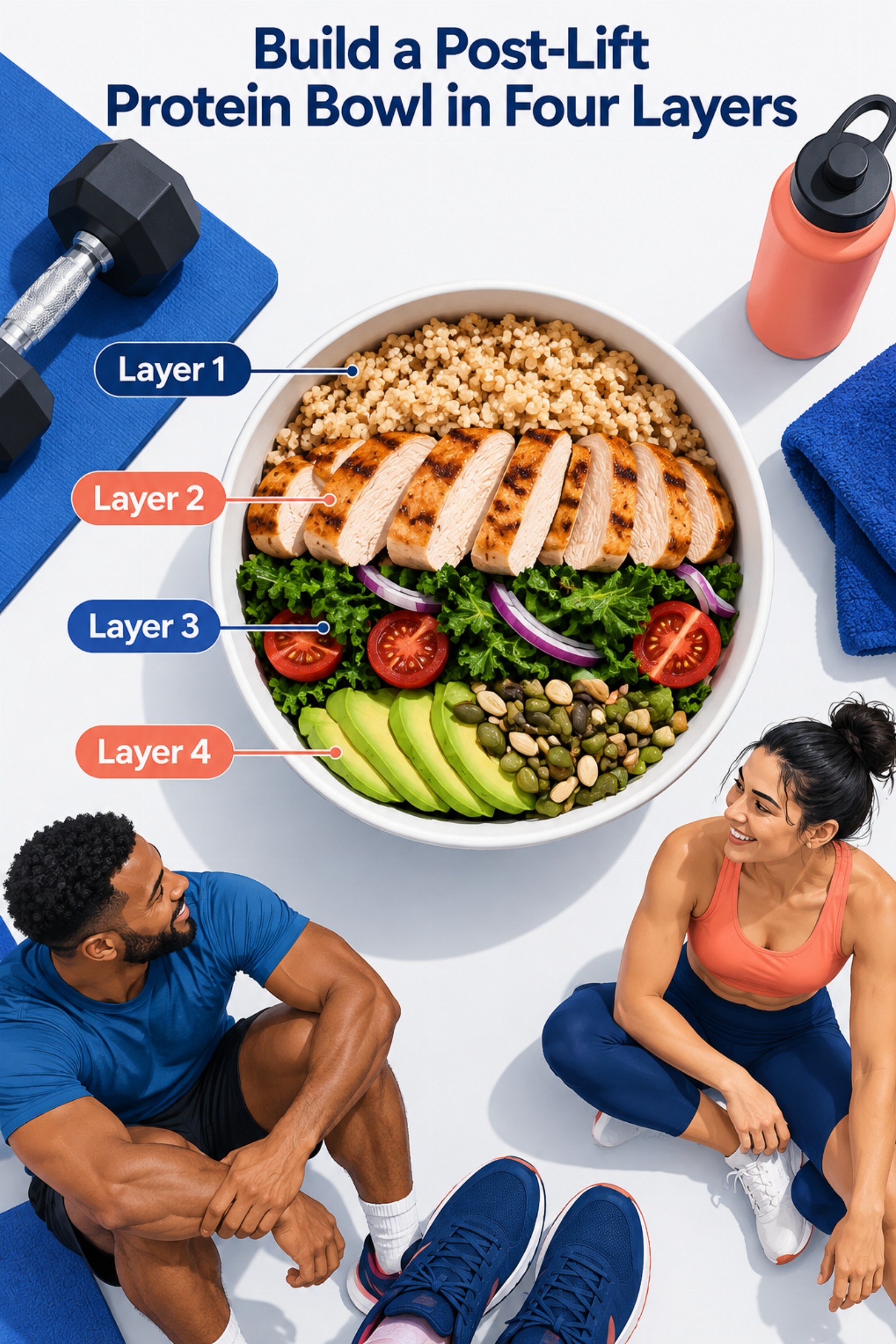 Cutaway bowl with four clearly separated layers. The image supports Build a Post-Lift Protein Bowl in Four Layers.