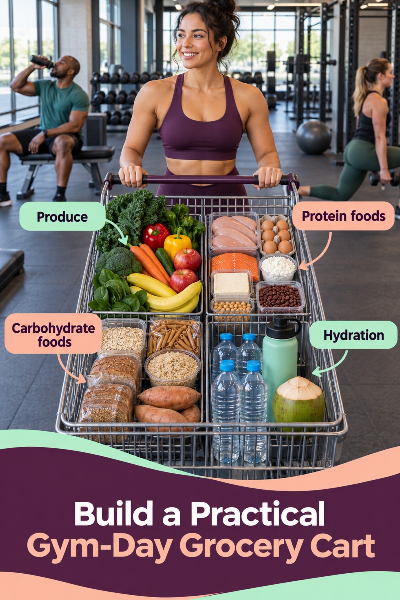 Overhead grocery cart divided into produce, protein, grains, and hydration. The image supports Build a Practical Gym-Day Grocery Cart.