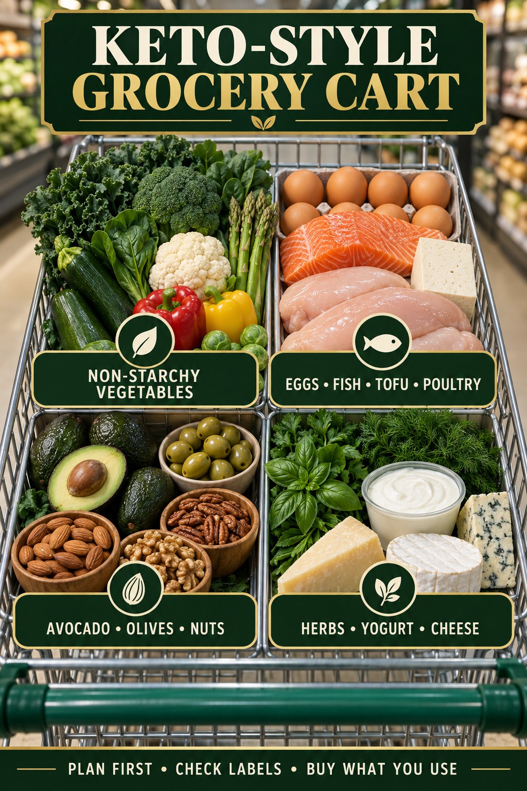 Keto-style grocery cart organized with vegetables, protein foods, avocado, olives, nuts, herbs, yogurt, and cheese.