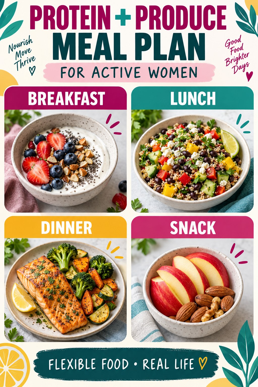 Magenta and teal meal plan infographic for active women with protein-and-produce breakfast, lunch, dinner, and snack ideas.