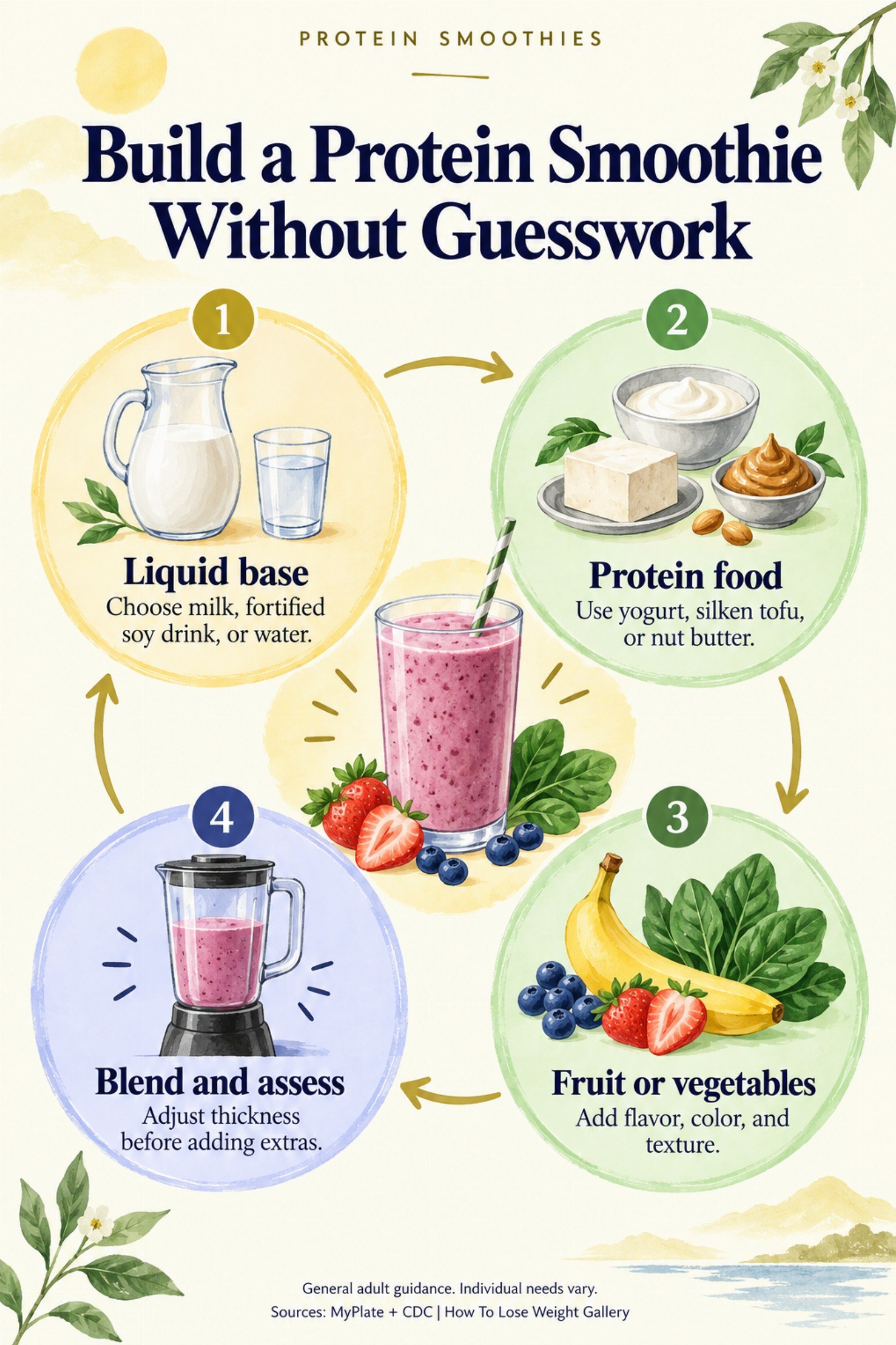 Colorful infographic titled Build a Protein Smoothie Without Guesswork with four illustrated tips for Protein Smoothies.