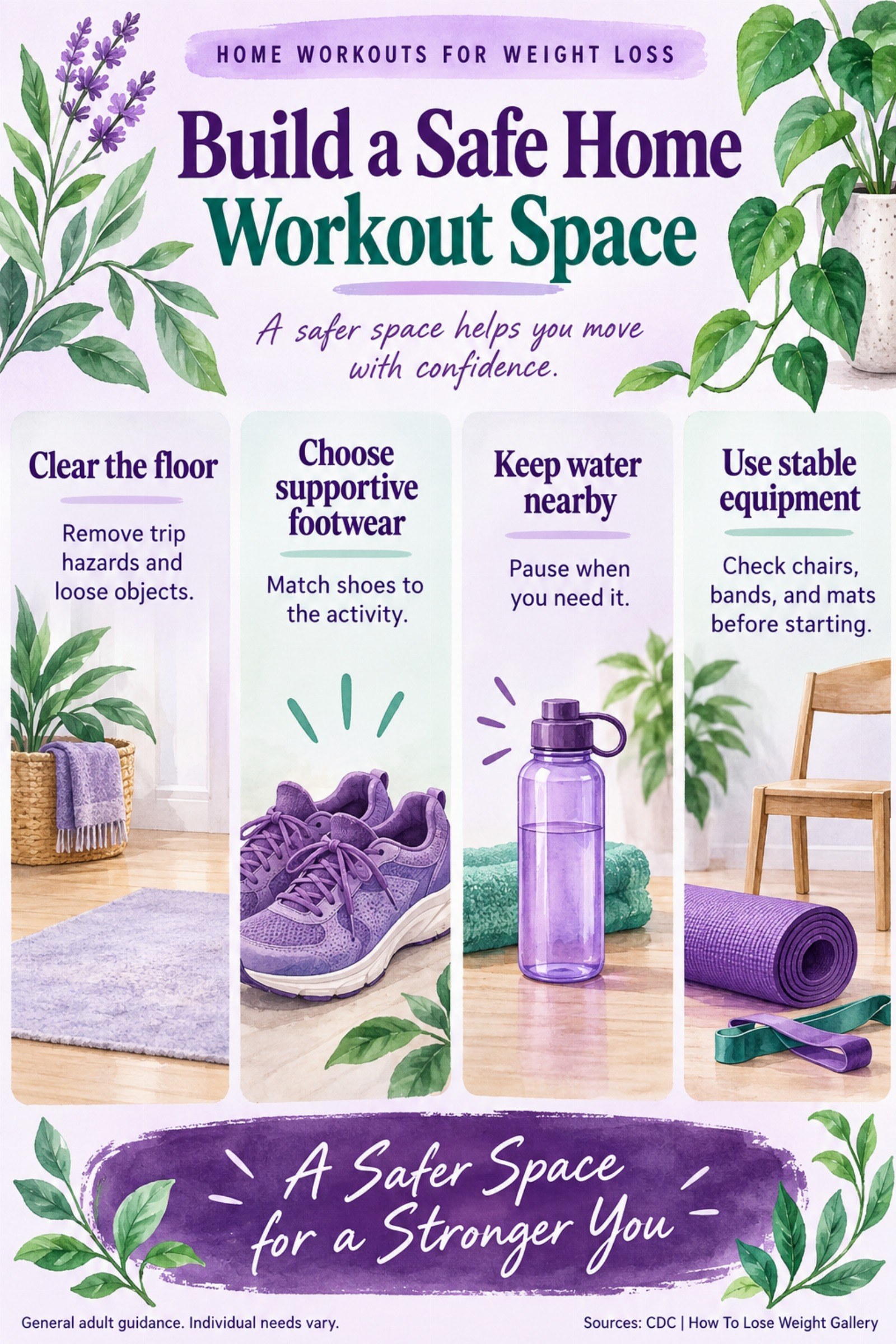 Colorful infographic titled Build a Safe Home Workout Space with four illustrated tips for Home Workouts for Weight Loss.