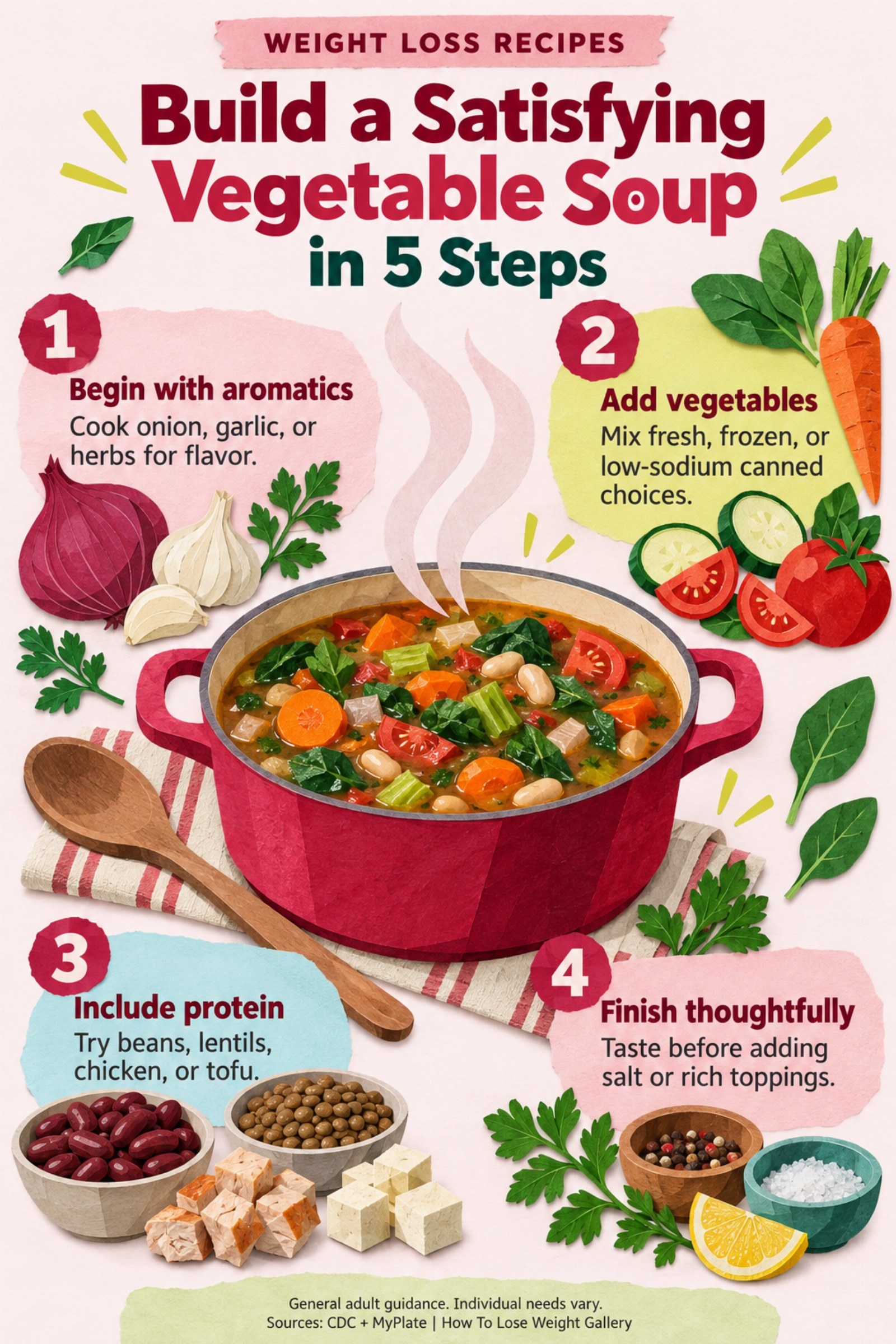 Colorful infographic titled Build a Satisfying Vegetable Soup in 5 Steps with four illustrated tips for Weight Loss Recipes.