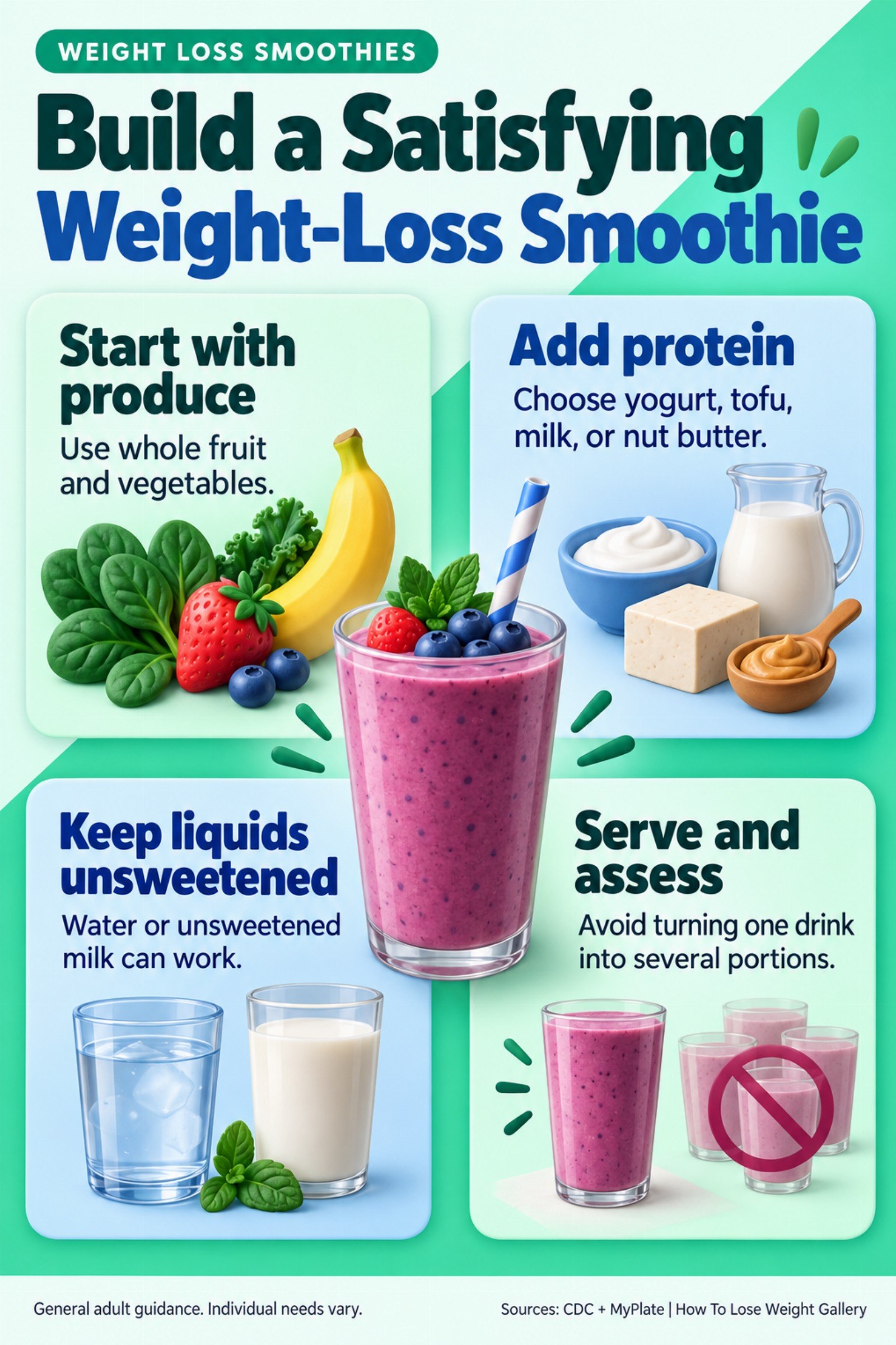 Colorful infographic titled Build a Satisfying Weight-Loss Smoothie with four illustrated tips for Weight Loss Smoothies.