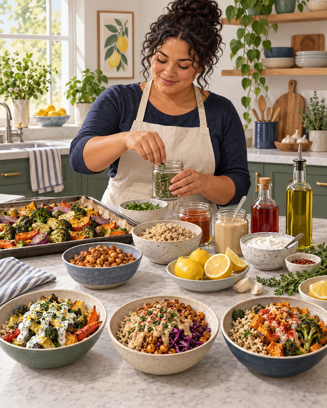 Woman seasoning roasted vegetables, beans, and grains with lemon, herbs, yogurt, and tahini