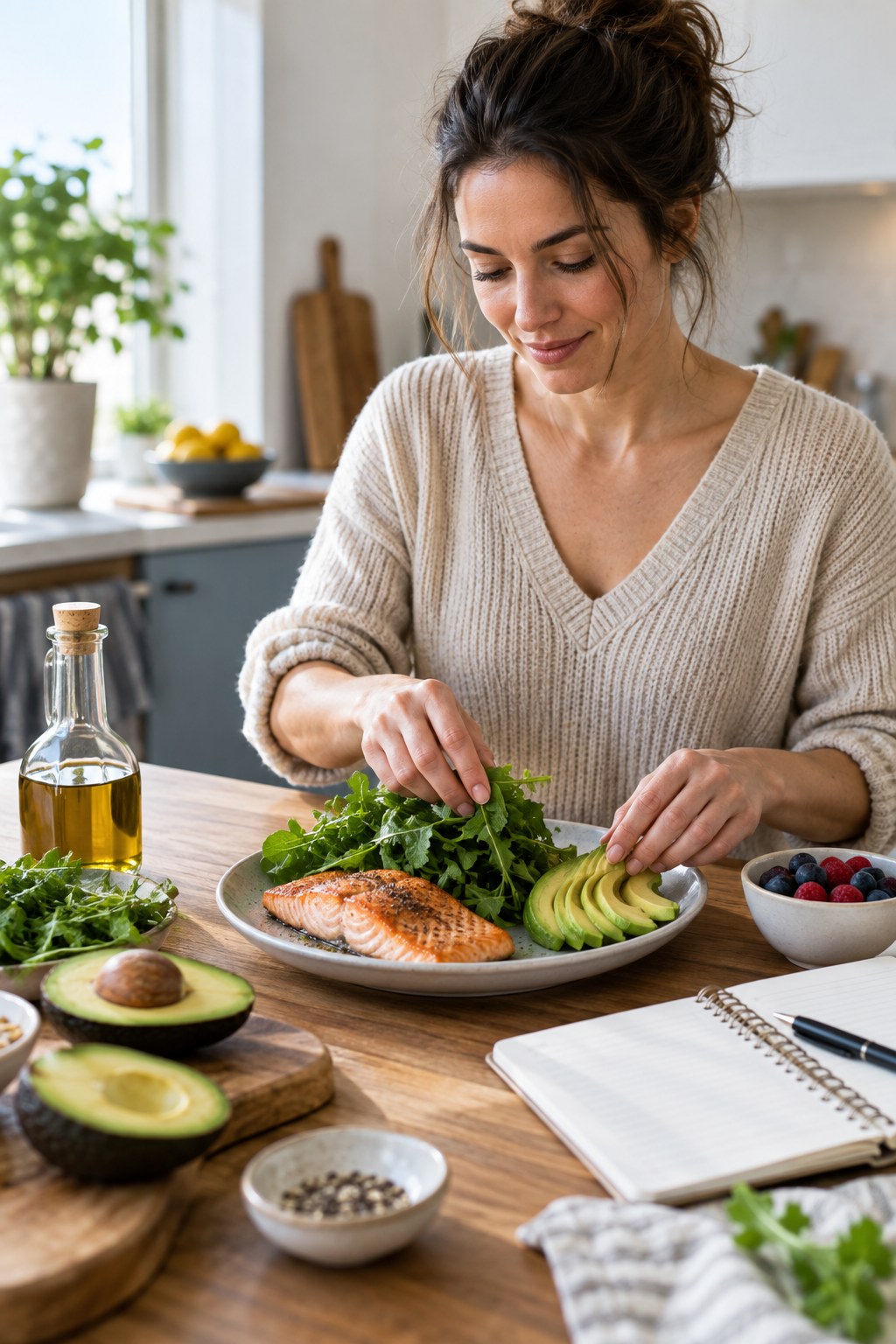 Adult arranging salmon, leafy greens, avocado, olive oil, and berries on a plate beside a meal notebook.
