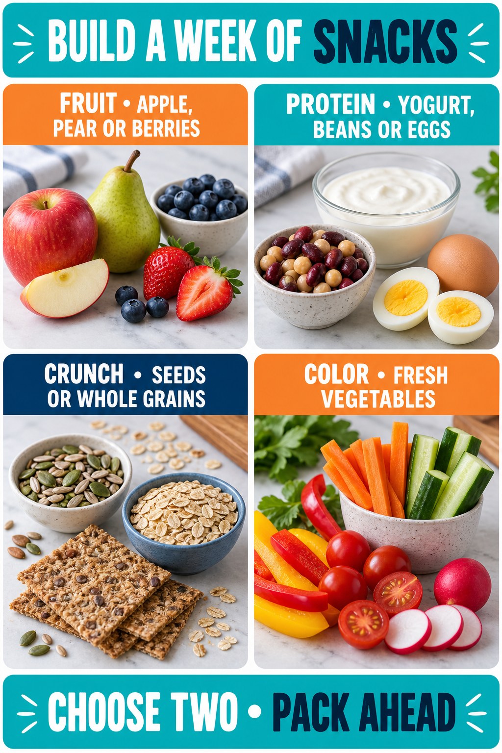 Snack planning infographic with fruit, protein foods, seeds or whole grains, and fresh vegetables.