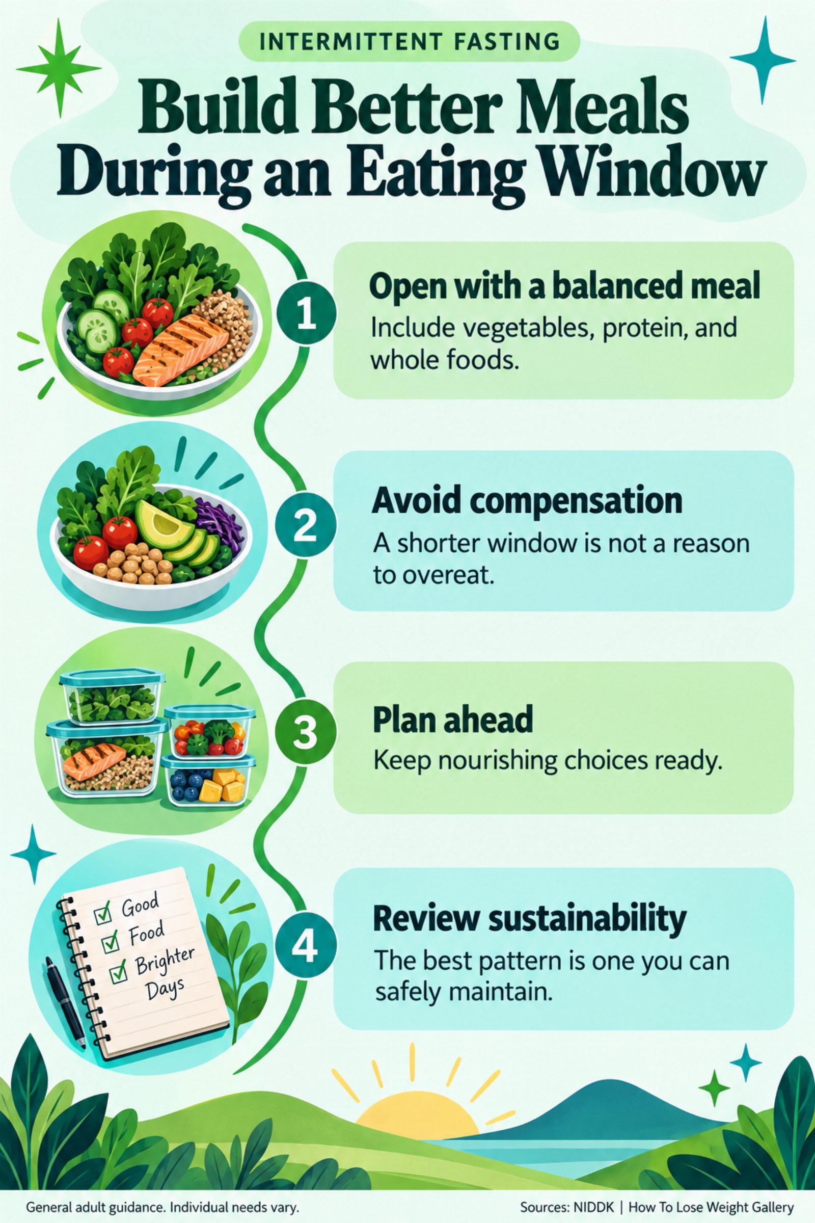 Colorful infographic titled Build Better Meals During an Eating Window with four illustrated tips for Intermittent Fasting.