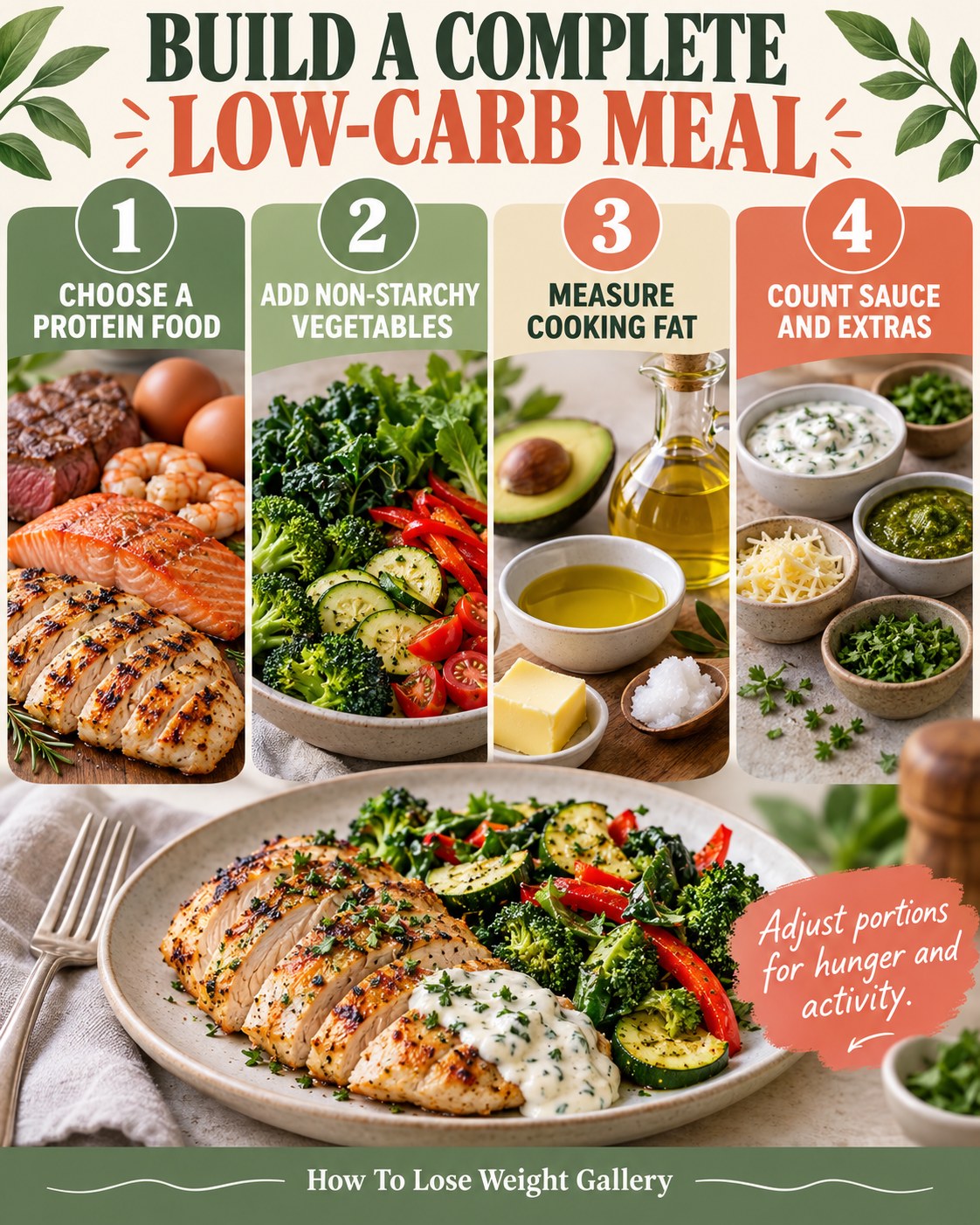 Four-step low-carb meal infographic with protein food, vegetables, cooking fat, sauce and extras
