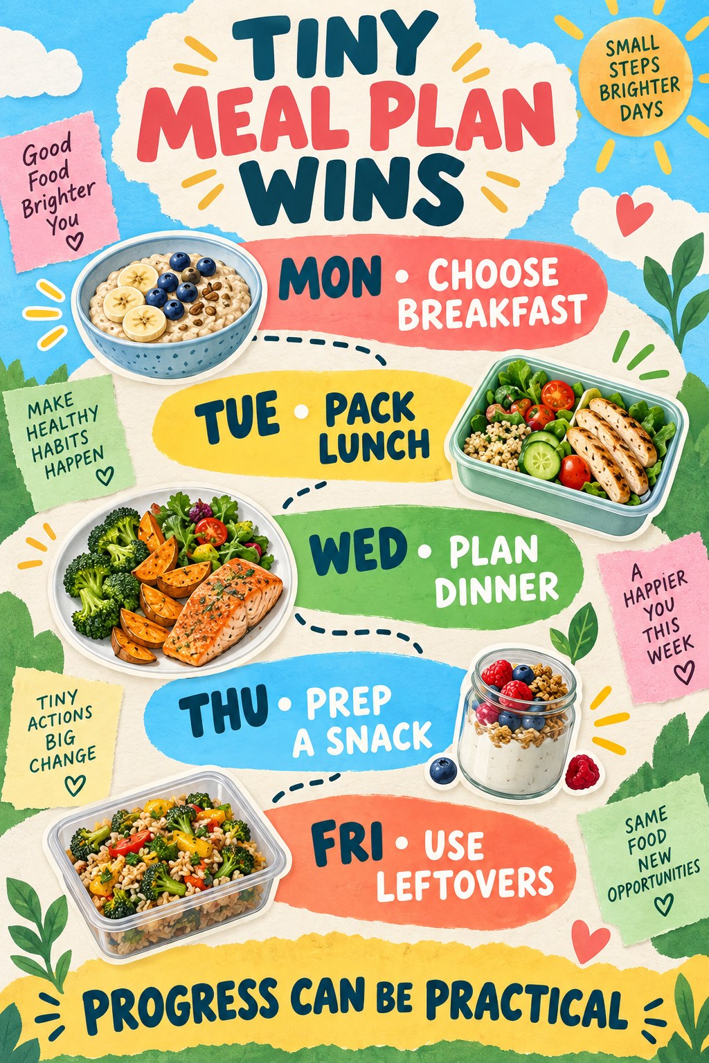 Colorful paper-collage infographic showing five weekday meal-planning actions with breakfast, lunch, dinner, snack, and leftovers.
