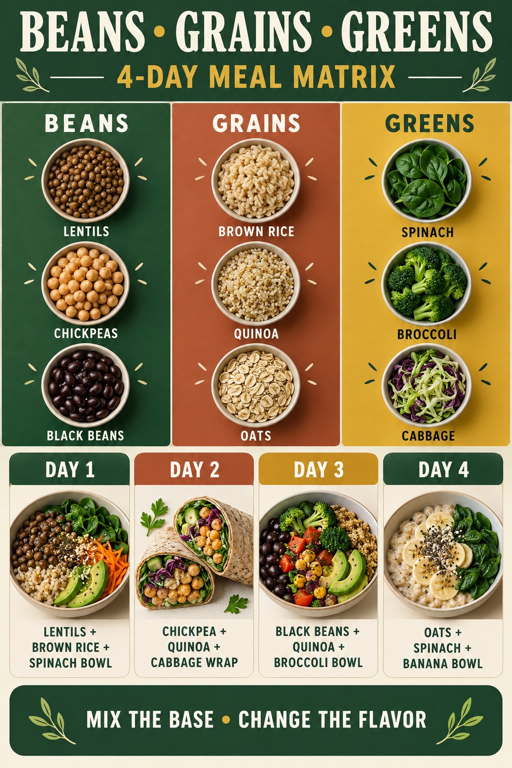 Green and gold meal matrix showing lentils, chickpeas, beans, grains, greens, and four flexible meal combinations.