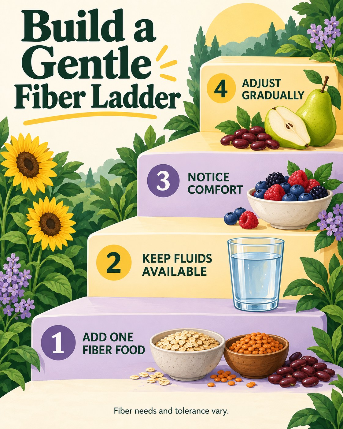 Forest green, yellow, lilac, and cream staircase infographic showing a gradual fiber-food ladder.