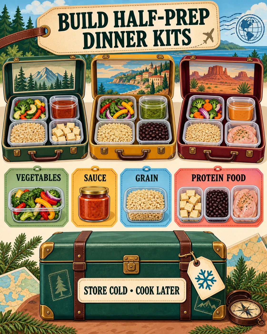 Forest, mustard, sky blue, coral, tan, and burgundy travel-case infographic showing half-prep dinner kit components.