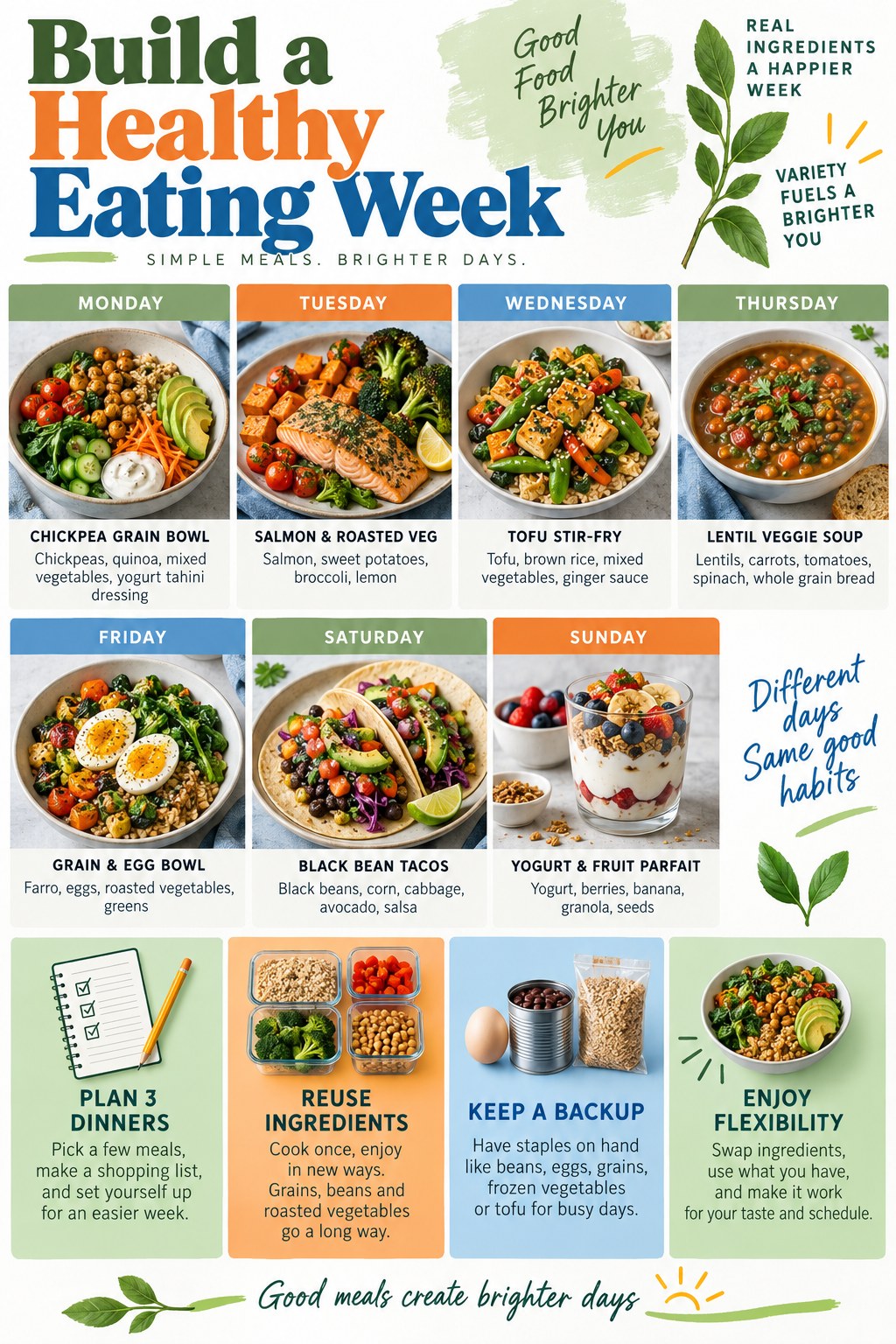 Portrait seven-day healthy eating infographic with varied bowls, fish or tofu, soup, eggs, tacos, yogurt and fruit, plus planning and backup meal cues.