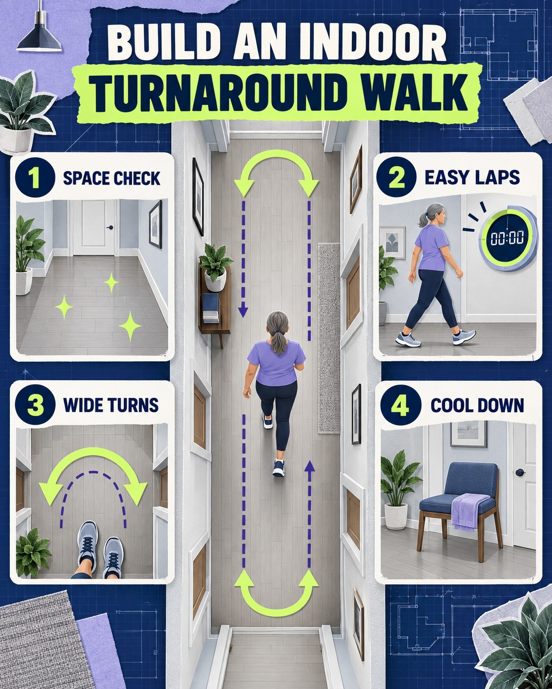 Navy, lime, and lavender blueprint infographic showing an indoor hallway turnaround walking route.
