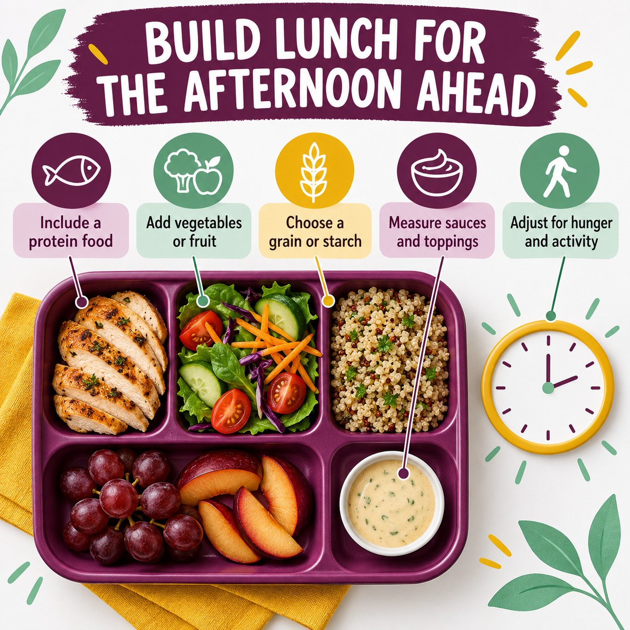 Lunch-tray infographic showing protein, vegetables or fruit, grain or starch, measured sauces, and adjustment for hunger and activity