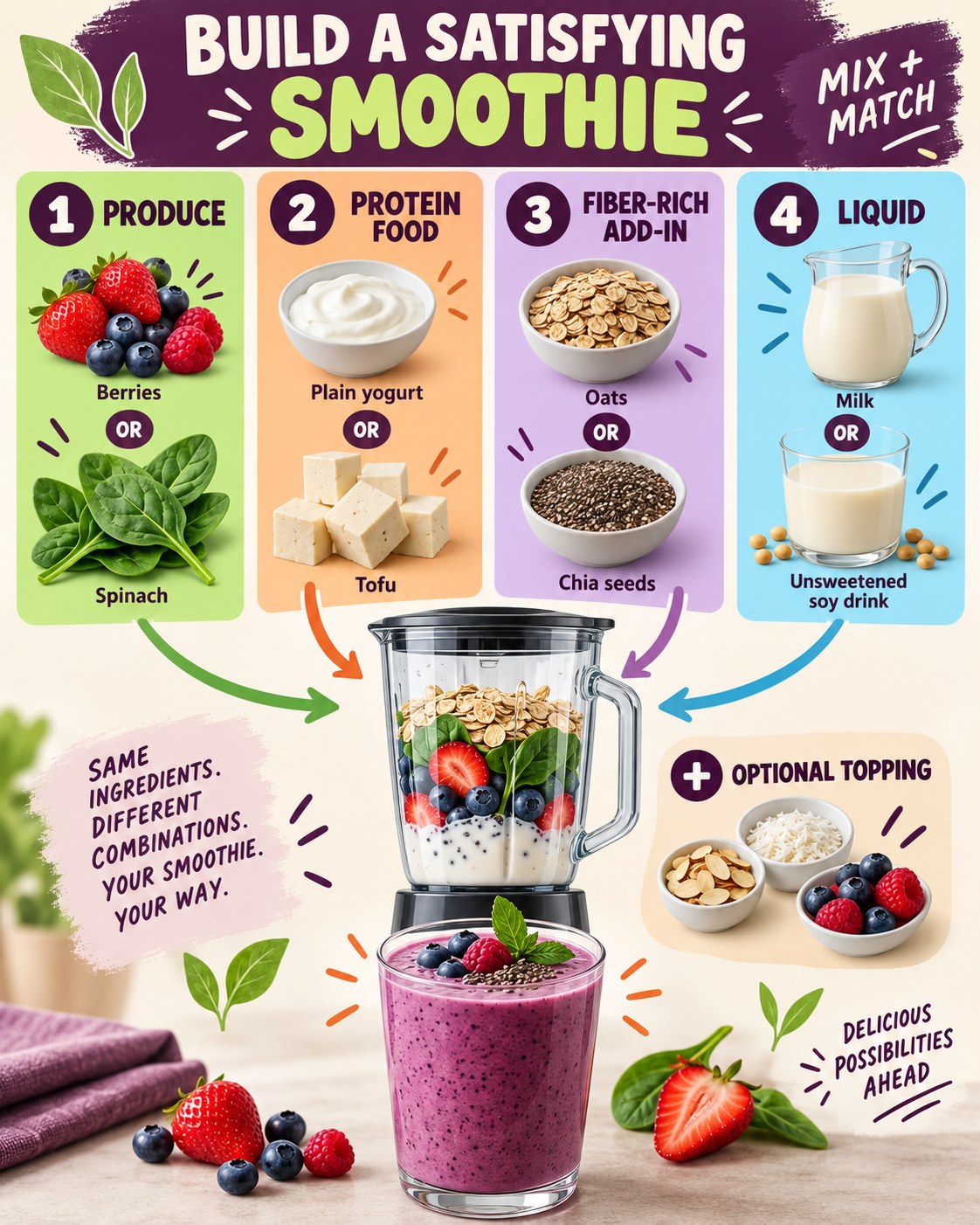Aubergine, lime, apricot, and blue infographic showing produce, protein foods, fiber add-ins, liquid, and a smoothie.