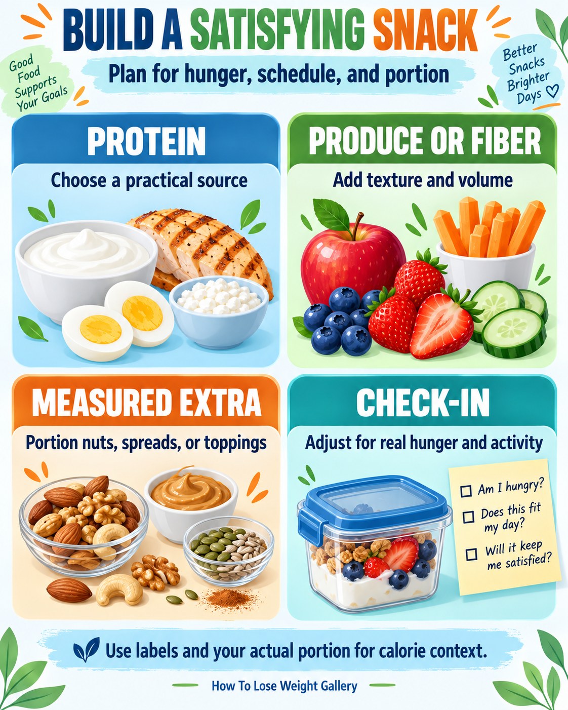 Healthy snack infographic with protein, produce or fiber, measured extras, and a hunger-and-activity check-in
