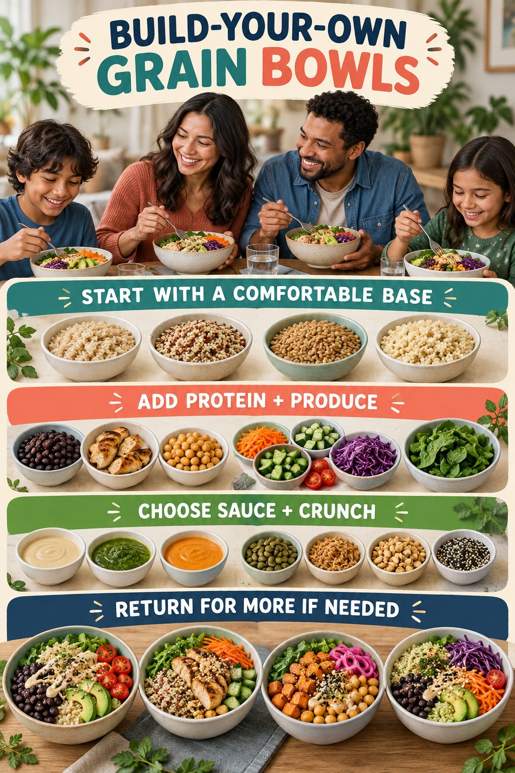 Build-your-own grain bowl infographic with grains, beans and chicken, colorful vegetables, sauces, crunchy toppings, and four finished bowls.
