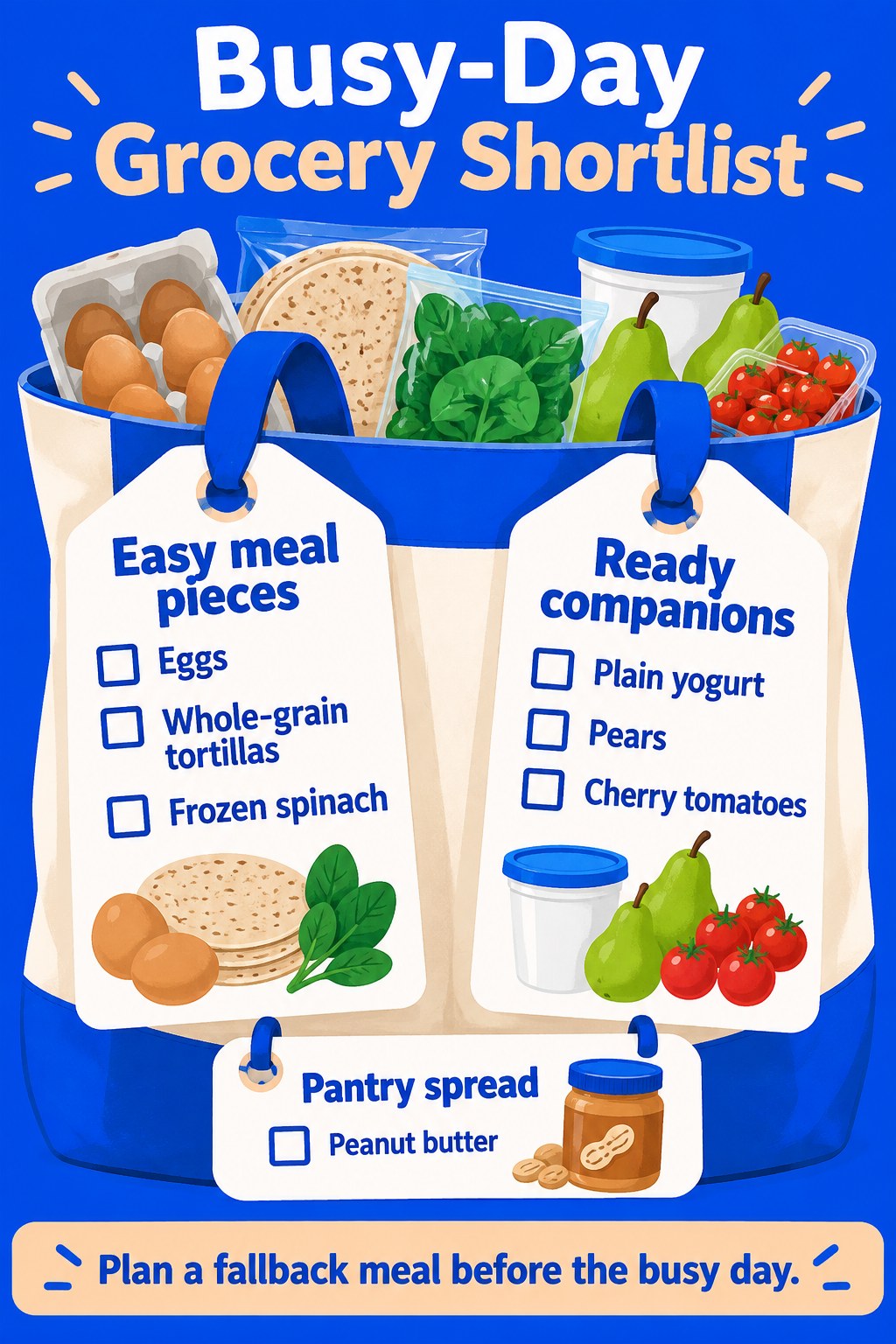 Cobalt and apricot tote checklist with eggs, tortillas, frozen spinach, yogurt, pears, tomatoes and peanut butter.