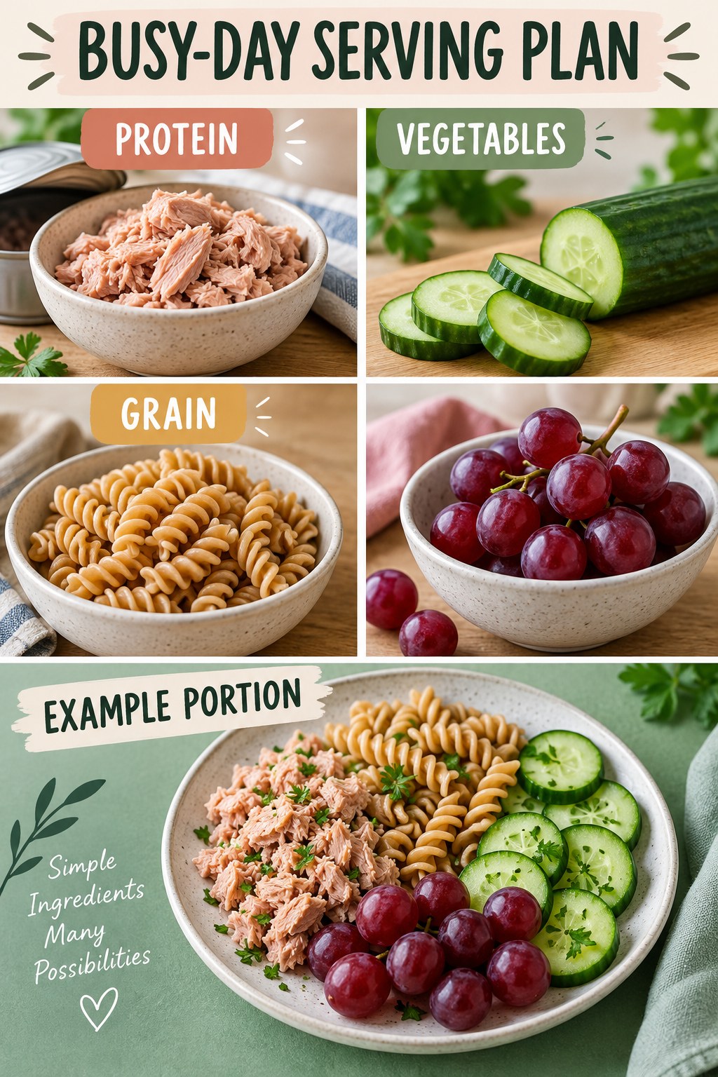 Busy-Day Serving Plan visual using tuna, whole-wheat pasta, cucumber, and grapes as flexible example portions for Weight Loss for Women.