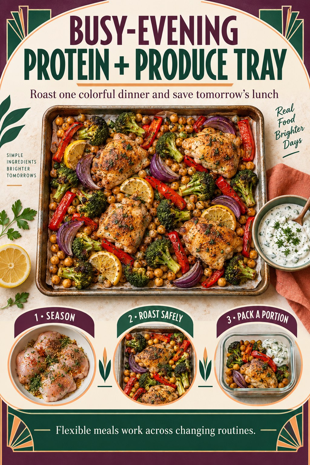 Sheet-pan infographic with roasted chicken, chickpeas, broccoli, red peppers, onion, lemon, and yogurt herb sauce