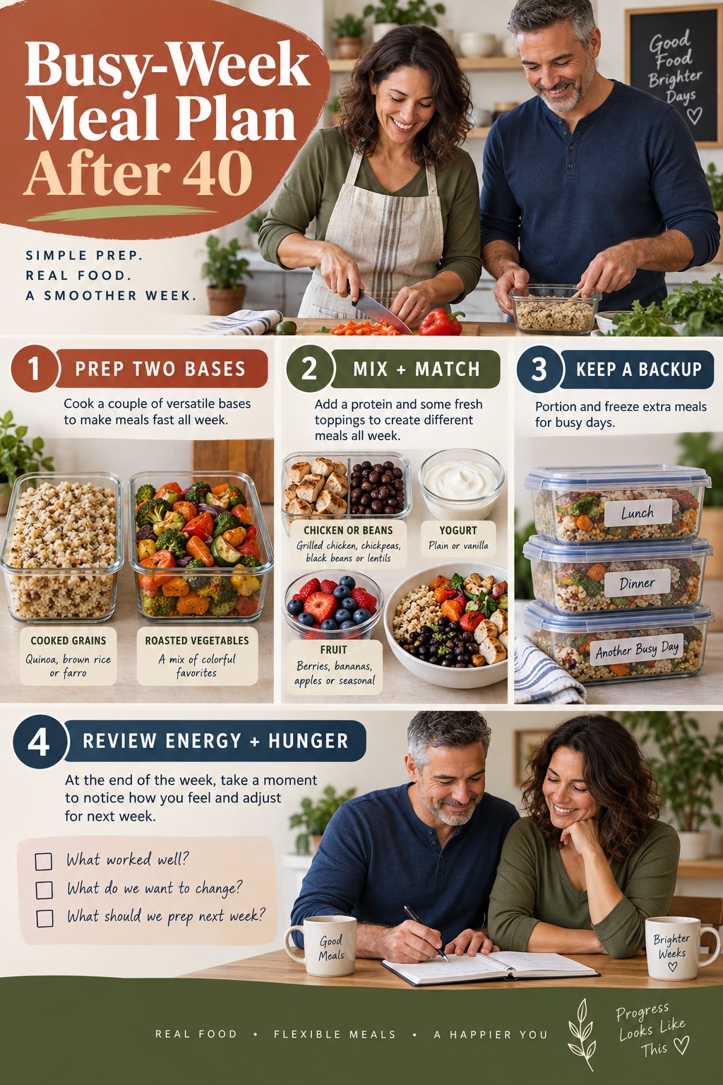 Portrait infographic of adults over 40 preparing cooked grains, roasted vegetables, chicken or beans, yogurt and fruit, freezer portions, and a weekly review.