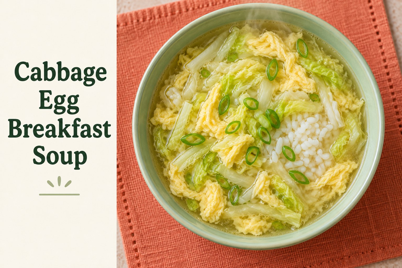 Napa cabbage and egg ribbon soup with rice beneath the words Cabbage Egg Breakfast Soup.