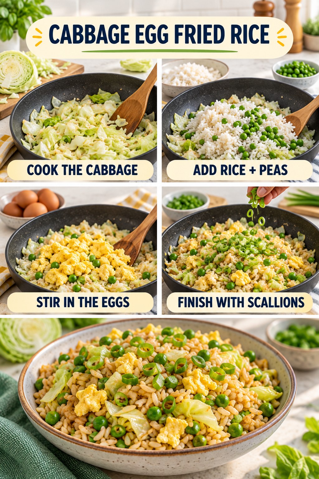 Cabbage egg fried rice infographic showing cabbage cooking, rice and peas added, eggs stirred in, and scallions on top.