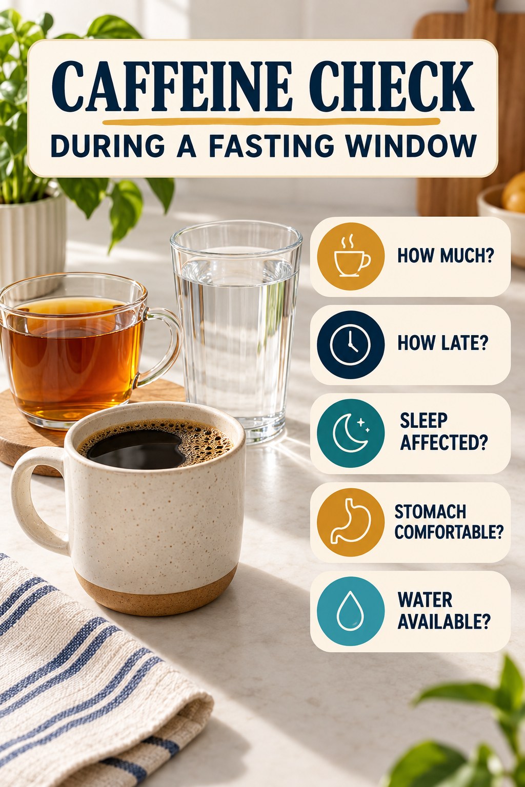 Portrait infographic titled Caffeine Check During a Fasting Window with coffee, tea and water plus five questions about amount, timing, sleep, stomach comfort, and water.