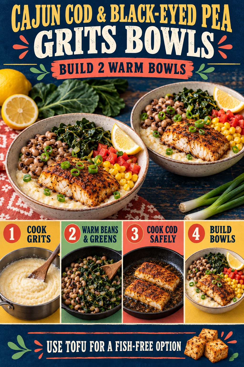Portrait infographic showing two warm bowls with Cajun cod, grits, black-eyed peas, collard greens, tomatoes, corn, scallions, and lemon.